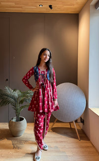 Red Anarkali with Attached Jacket and Dhoti