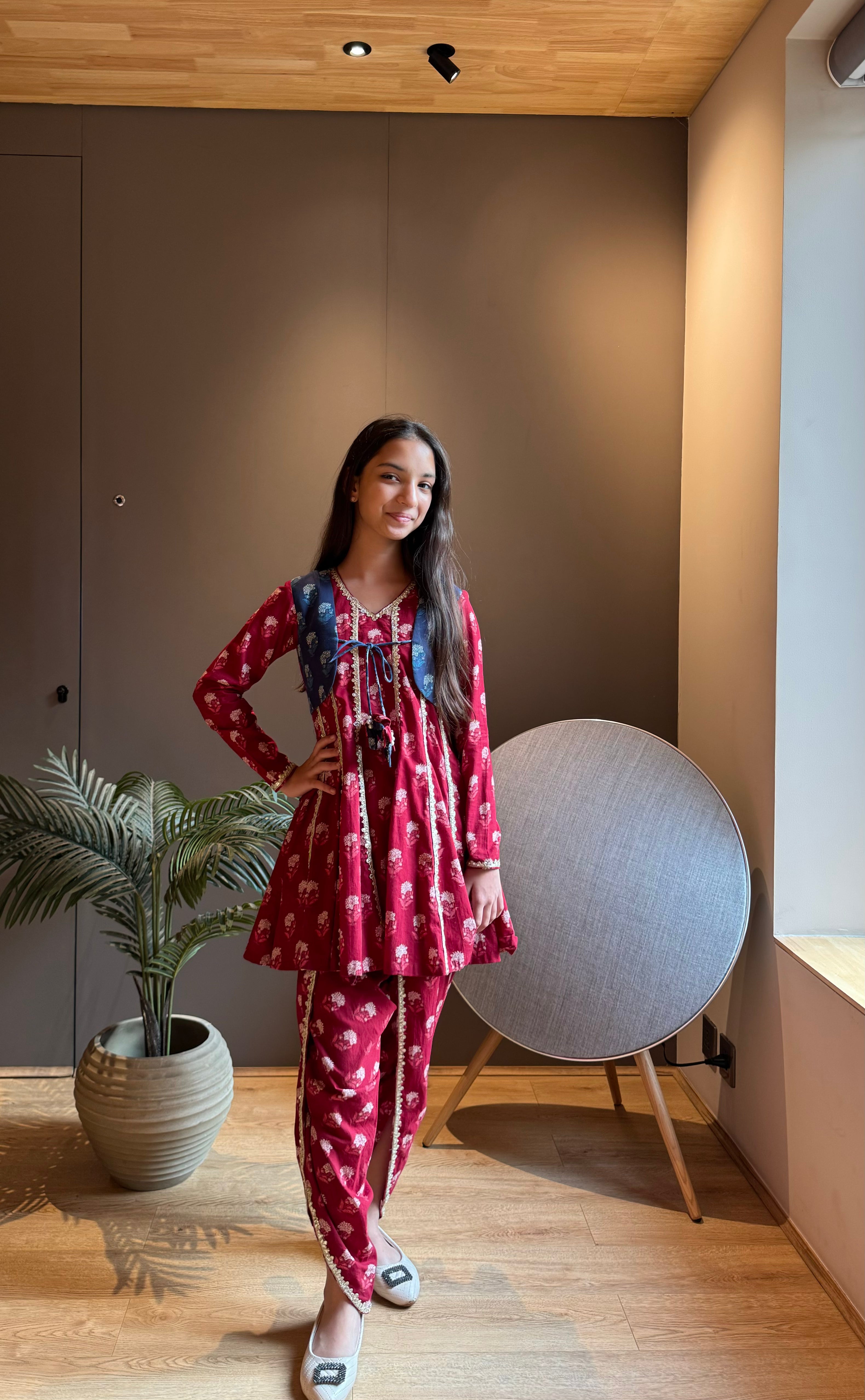 Red Anarkali with Attached Jacket and Dhoti