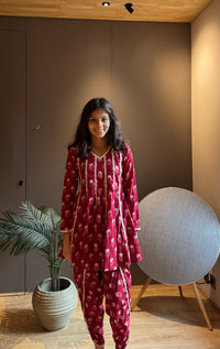 Red Printed Anarkali with Dhoti Set