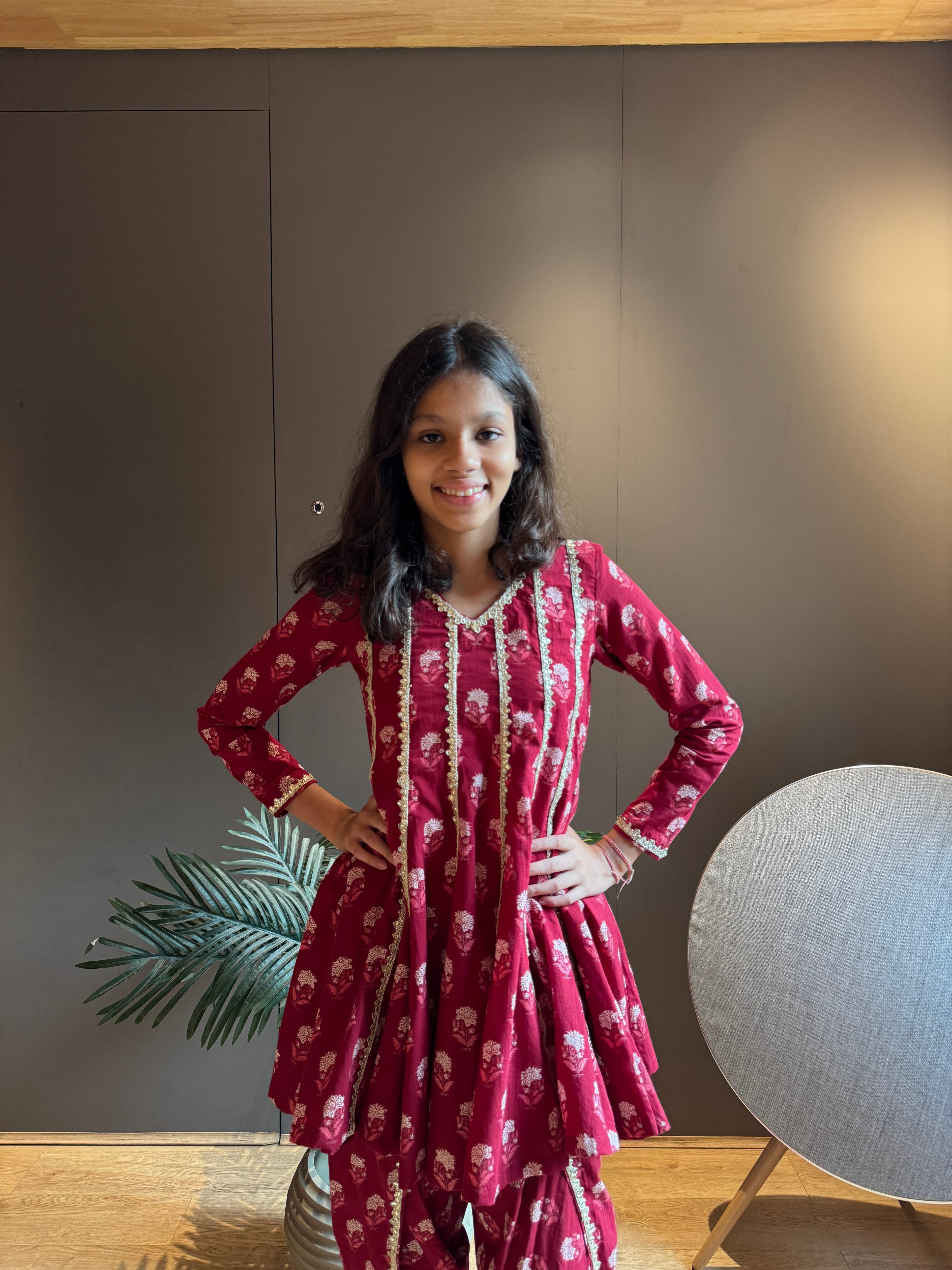 Red Printed Anarkali with Dhoti Set