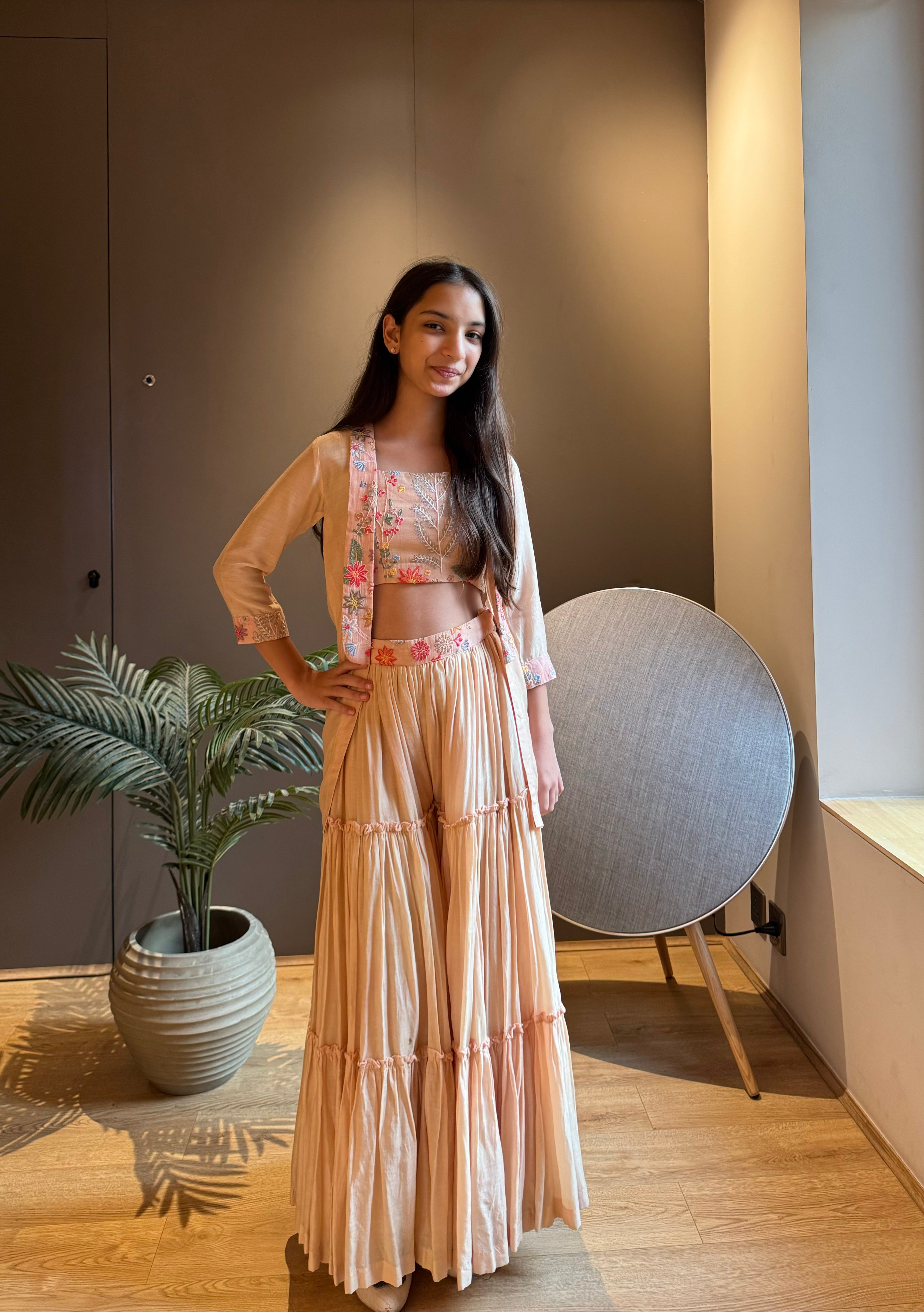 Pink Thread Work Blouse & Lehenga With Jacket