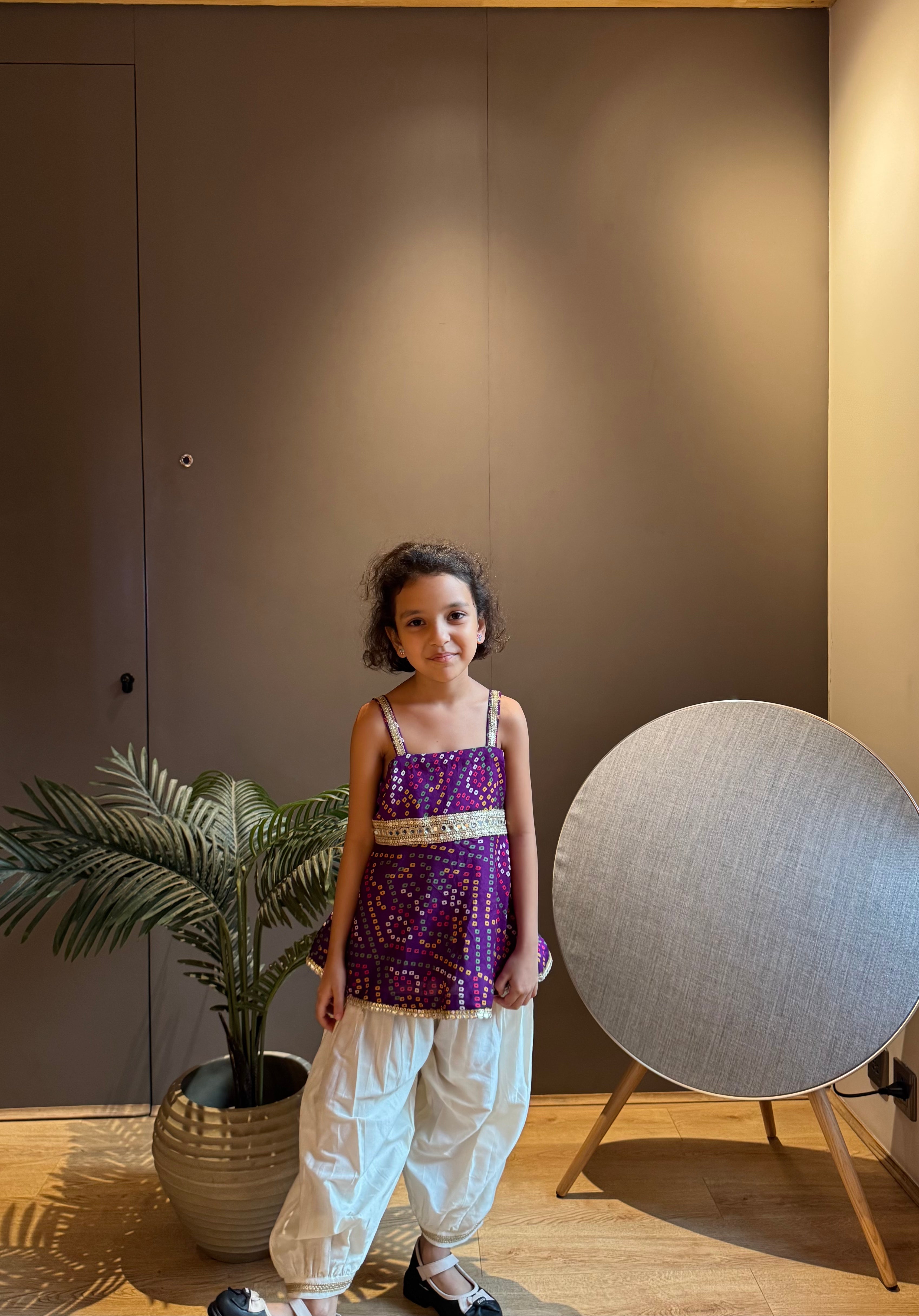 Purple Bandhni Short Kurta With Dhoti Pants - 4-5 Yrs