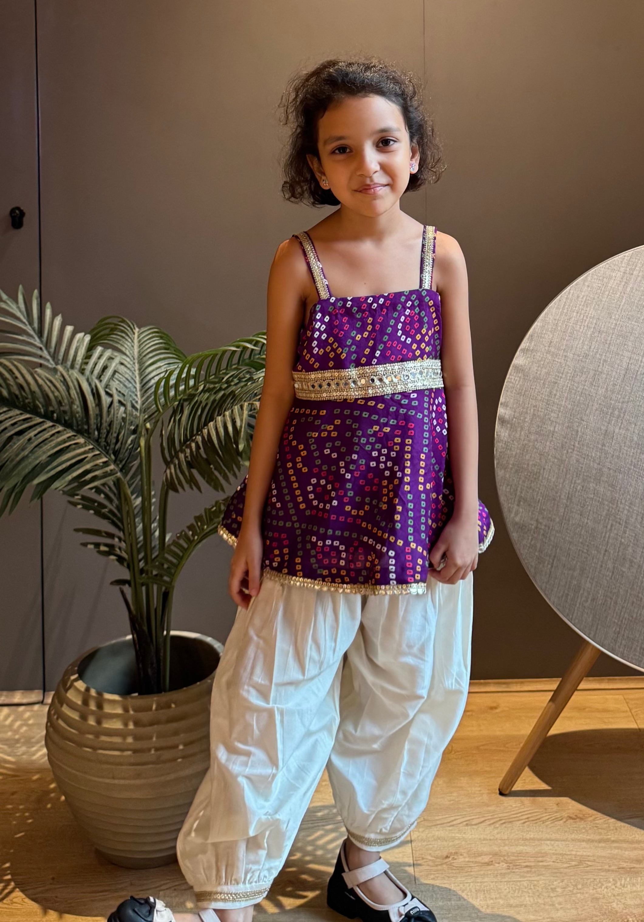 Purple Bandhni Short Kurta With Dhoti Pants - 4-5 Yrs