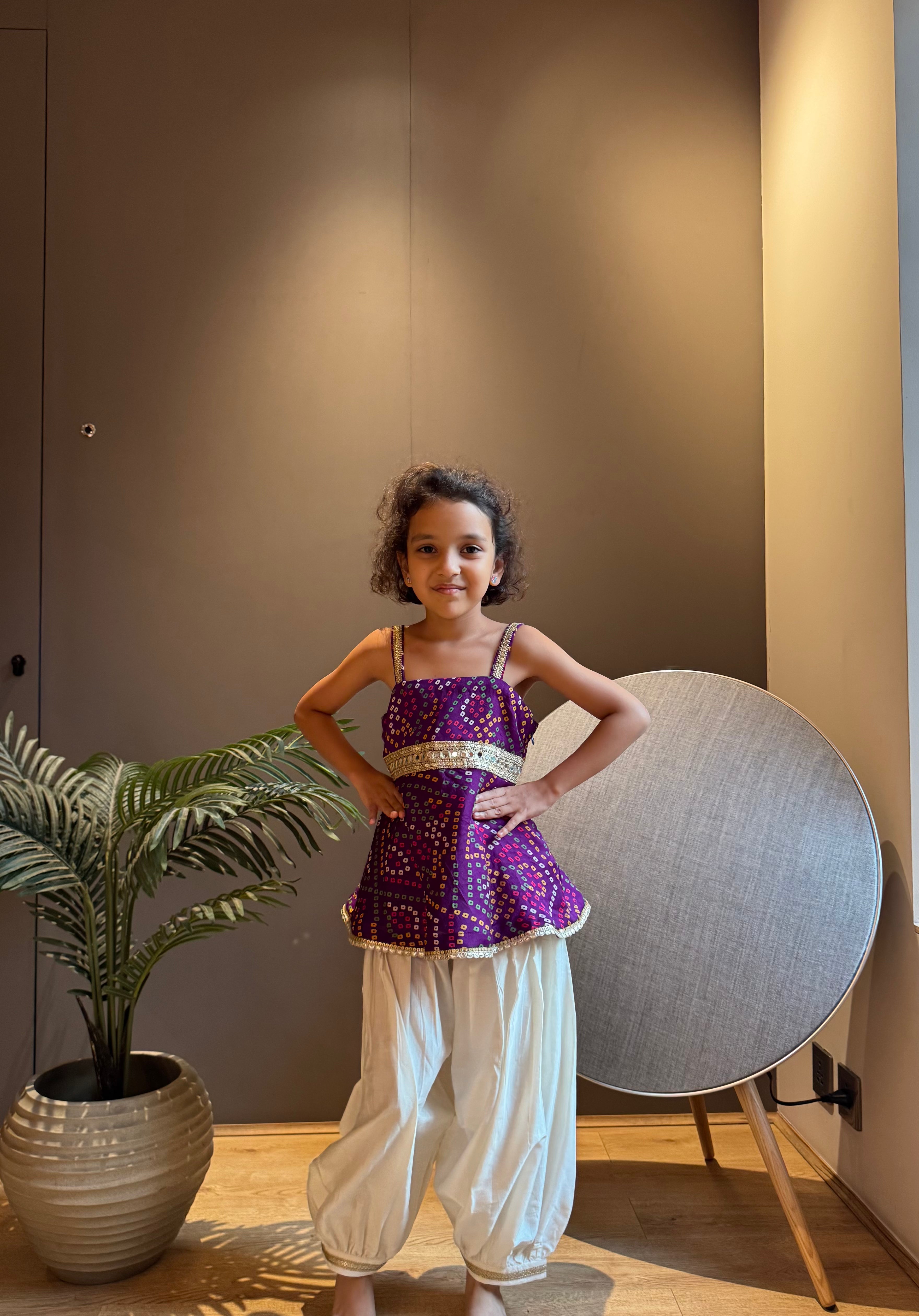Purple Bandhni Short Kurta With Dhoti Pants - 4-5 Yrs