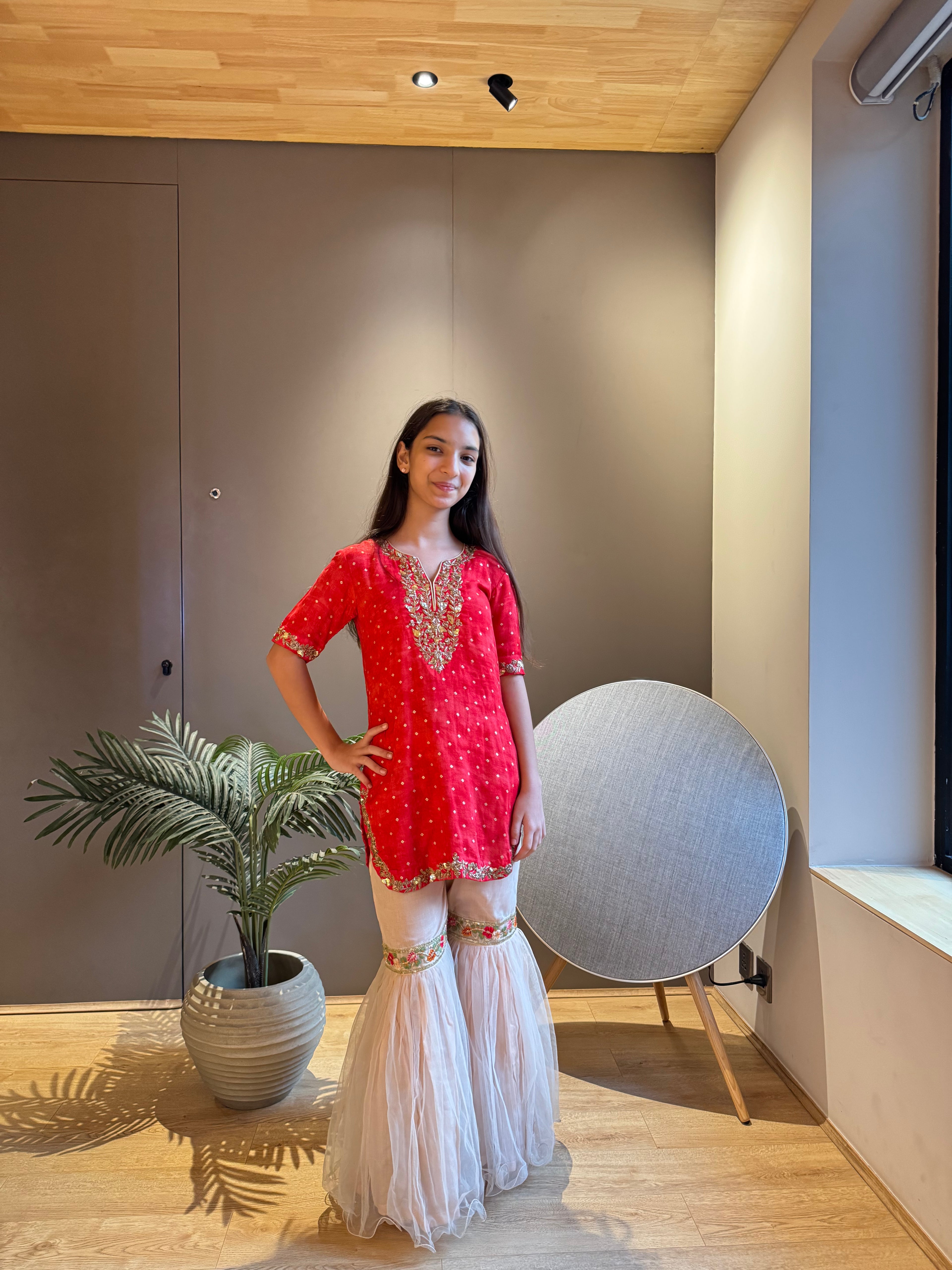 Red Embroidered Kurta With Pink Sharara - 10 yrs
