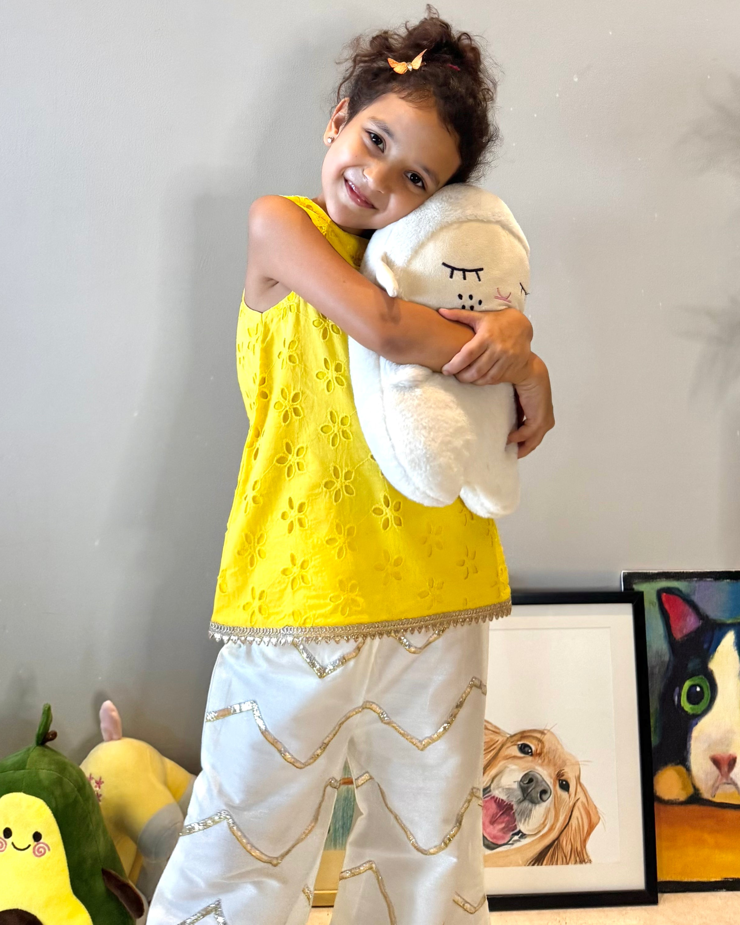 Yellow Hakoba Top With Cotton Silk Pants