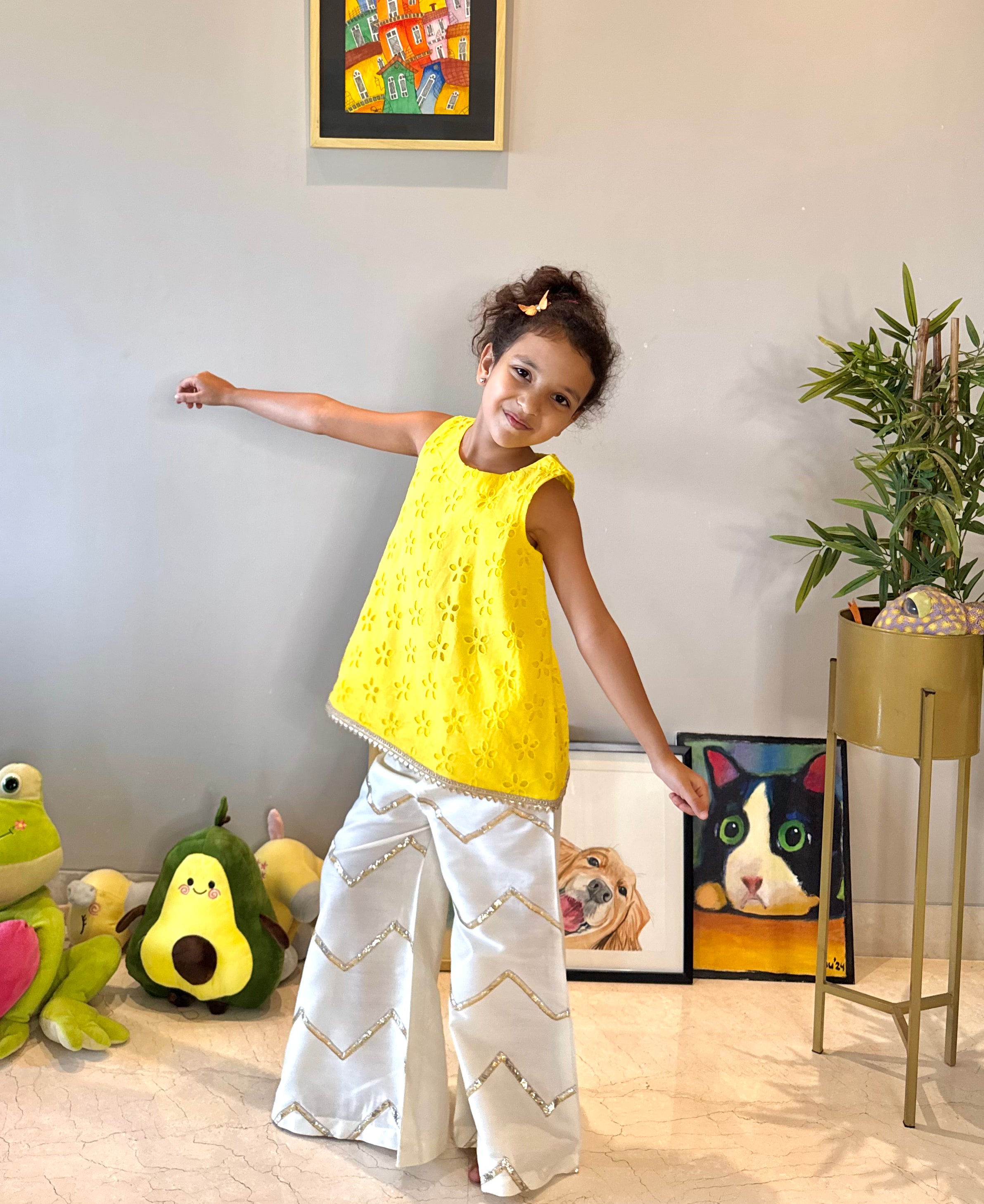 Yellow Hakoba Top With Cotton Silk Pants