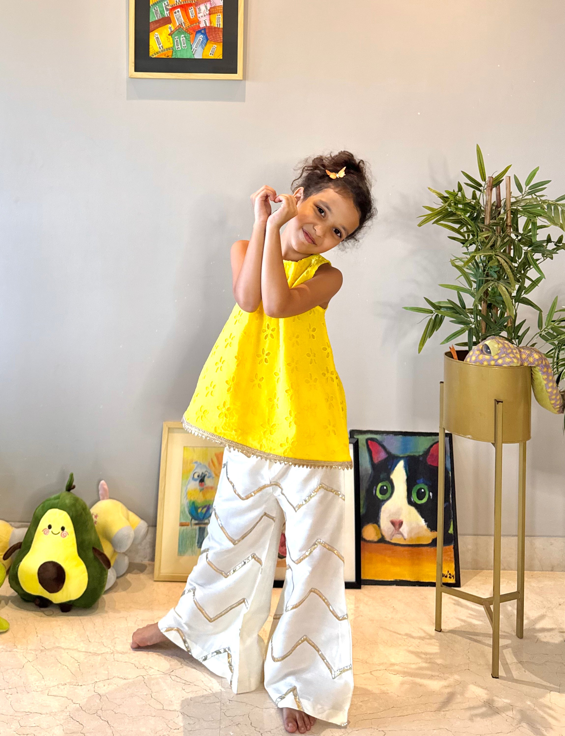 Yellow Hakoba Top With Cotton Silk Pants
