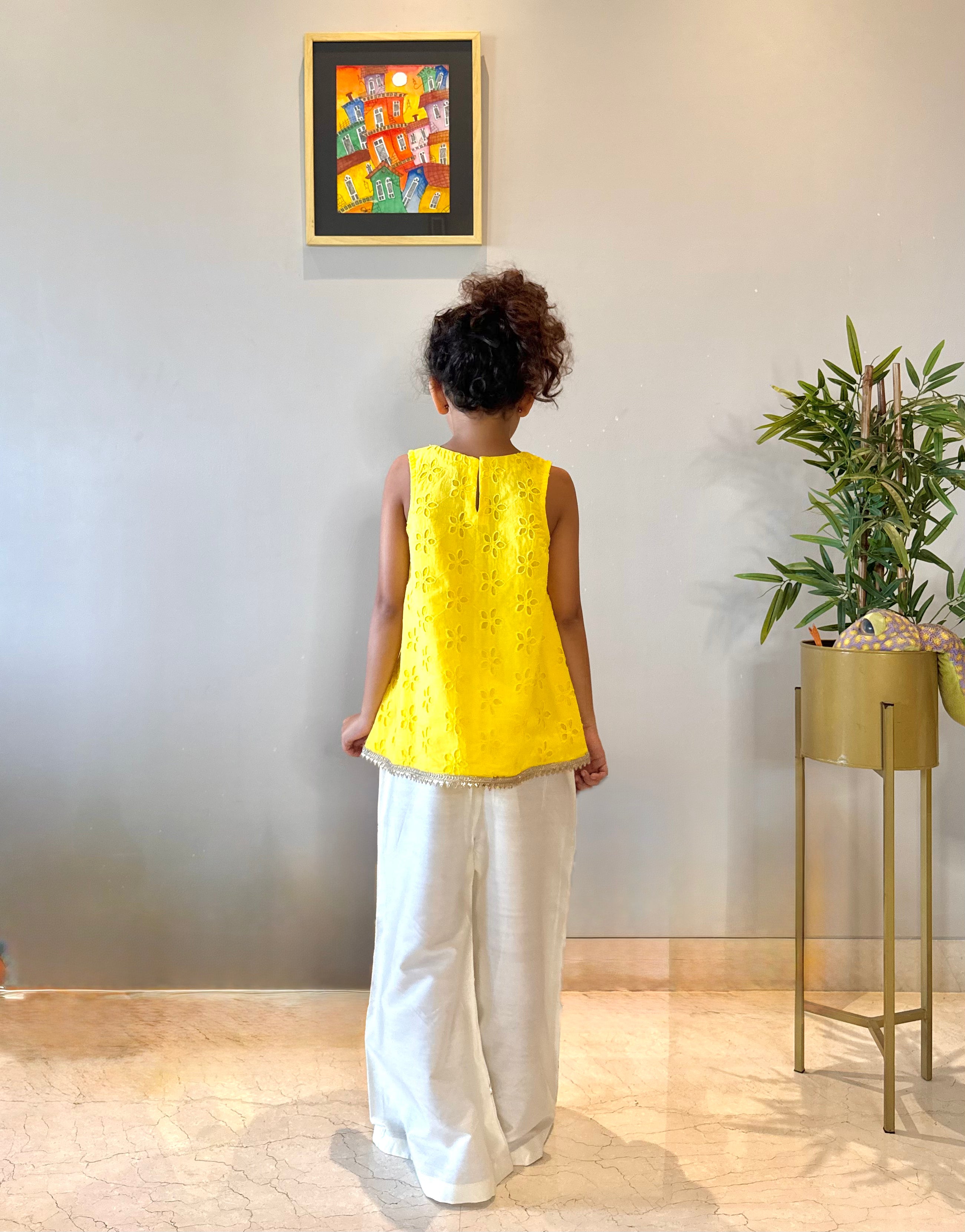 Yellow Hakoba Top With Cotton Silk Pants