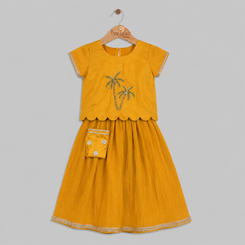 Mustard Palm Embellished Top With Crushed Lehenga