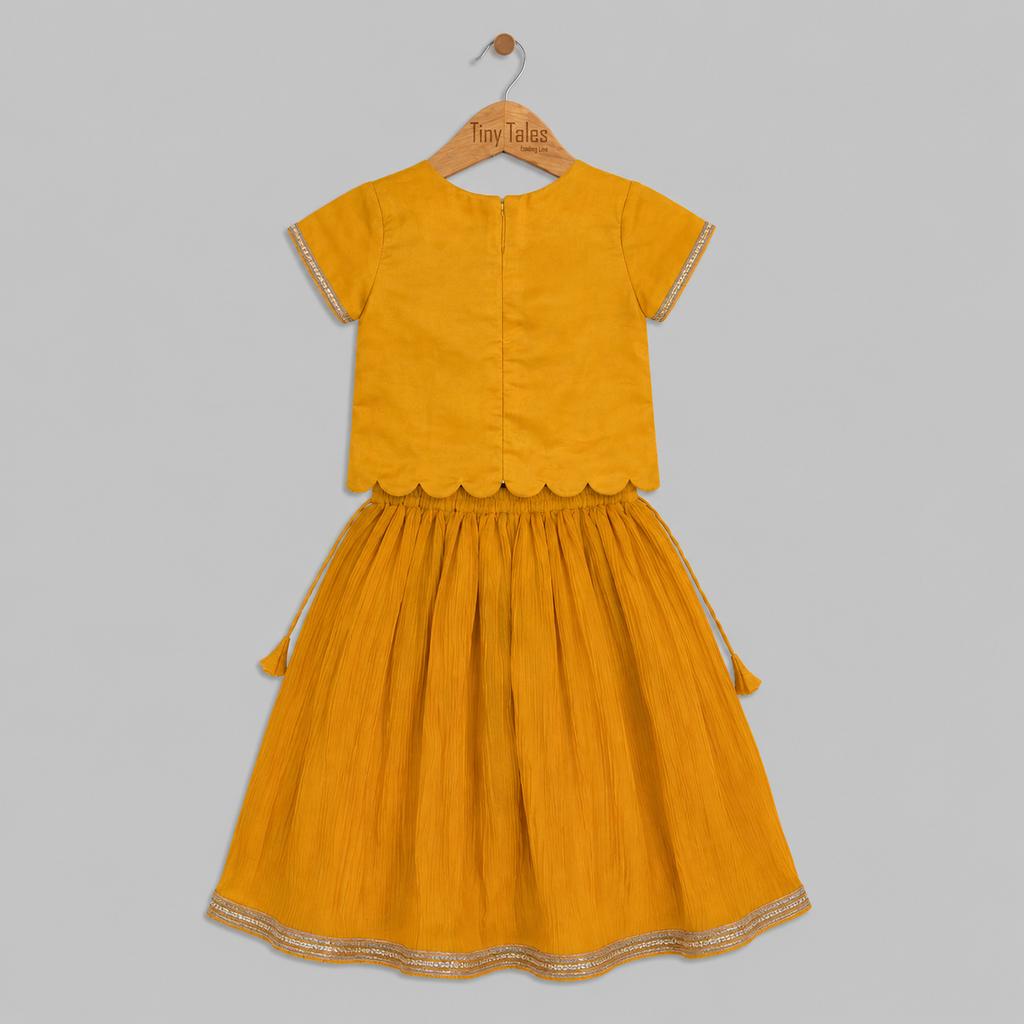 Mustard Palm Embellished Top With Crushed Lehenga