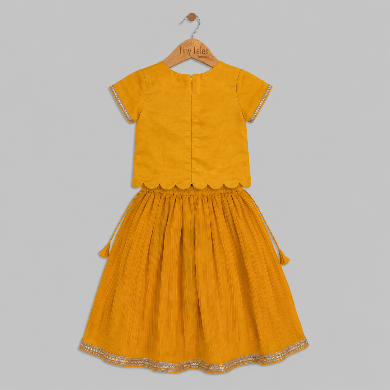 Mustard Palm Embellished Top With Crushed Lehenga