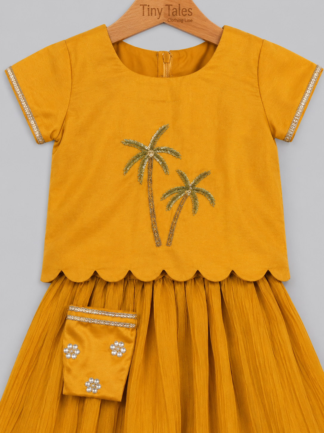 Mustard Palm Embellished Top With Crushed Lehenga