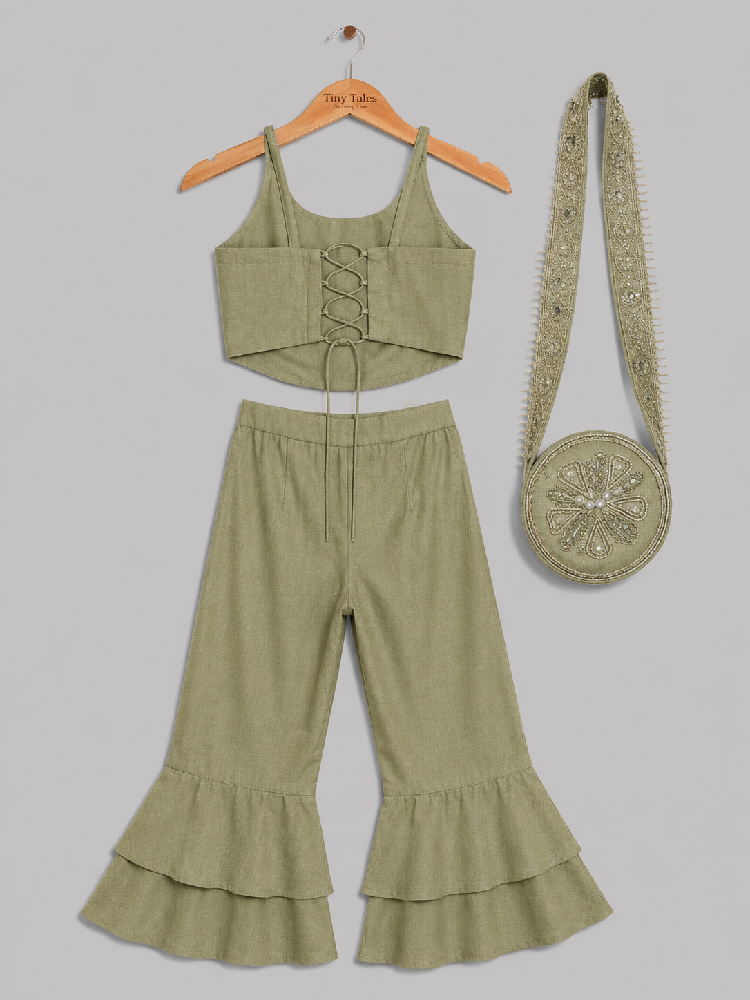 Sage Green Halter Embroidered Blouse with Flared Pants & Crossbody Bag