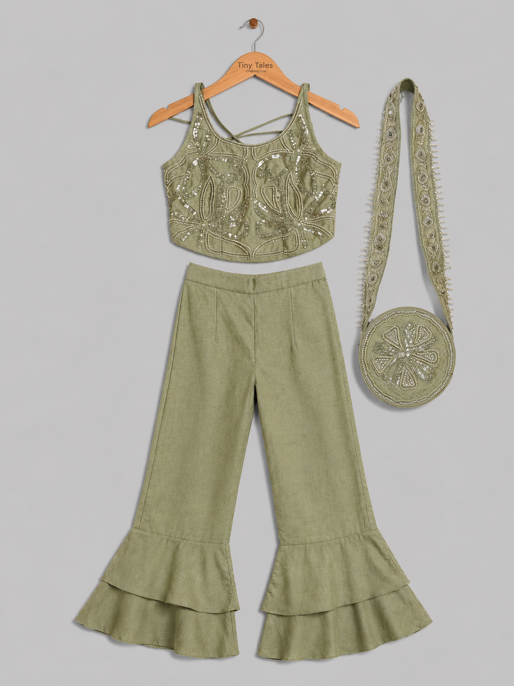 Sage Green Halter Embroidered Blouse with Flared Pants & Crossbody Bag