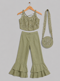 Sage Green Halter Embroidered Blouse with Flared Pants & Crossbody Bag