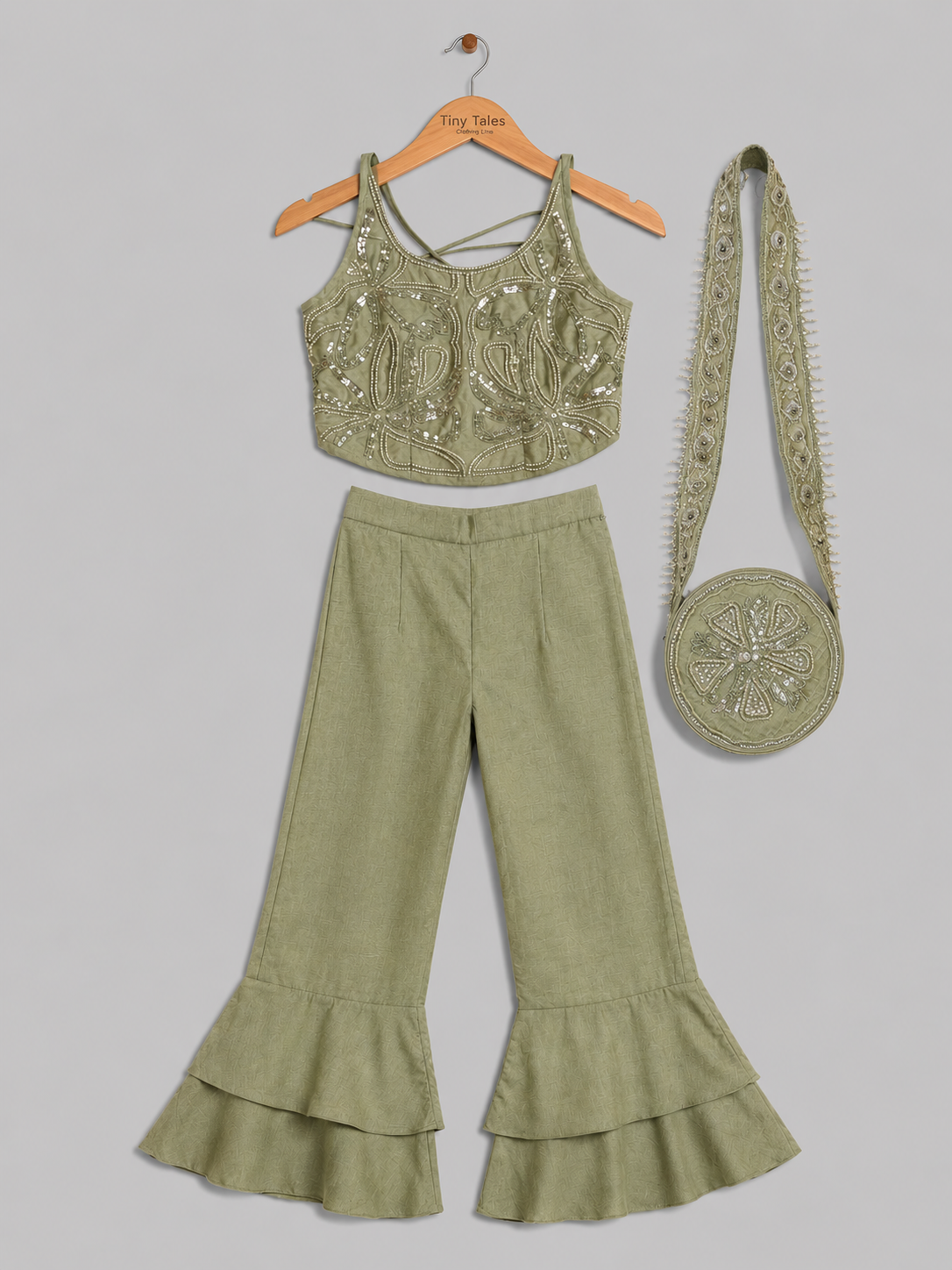 Sage Green Halter Embroidered Blouse with Flared Pants & Crossbody Bag