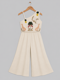 Off White Safari Theme Crop Top With Flared Pants