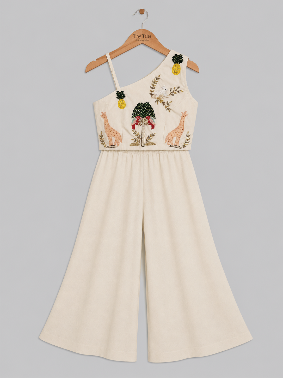 Off White Safari Theme Crop Top With Flared Pants