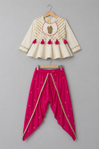 Off White Peplum With Pink Printed Dhoti