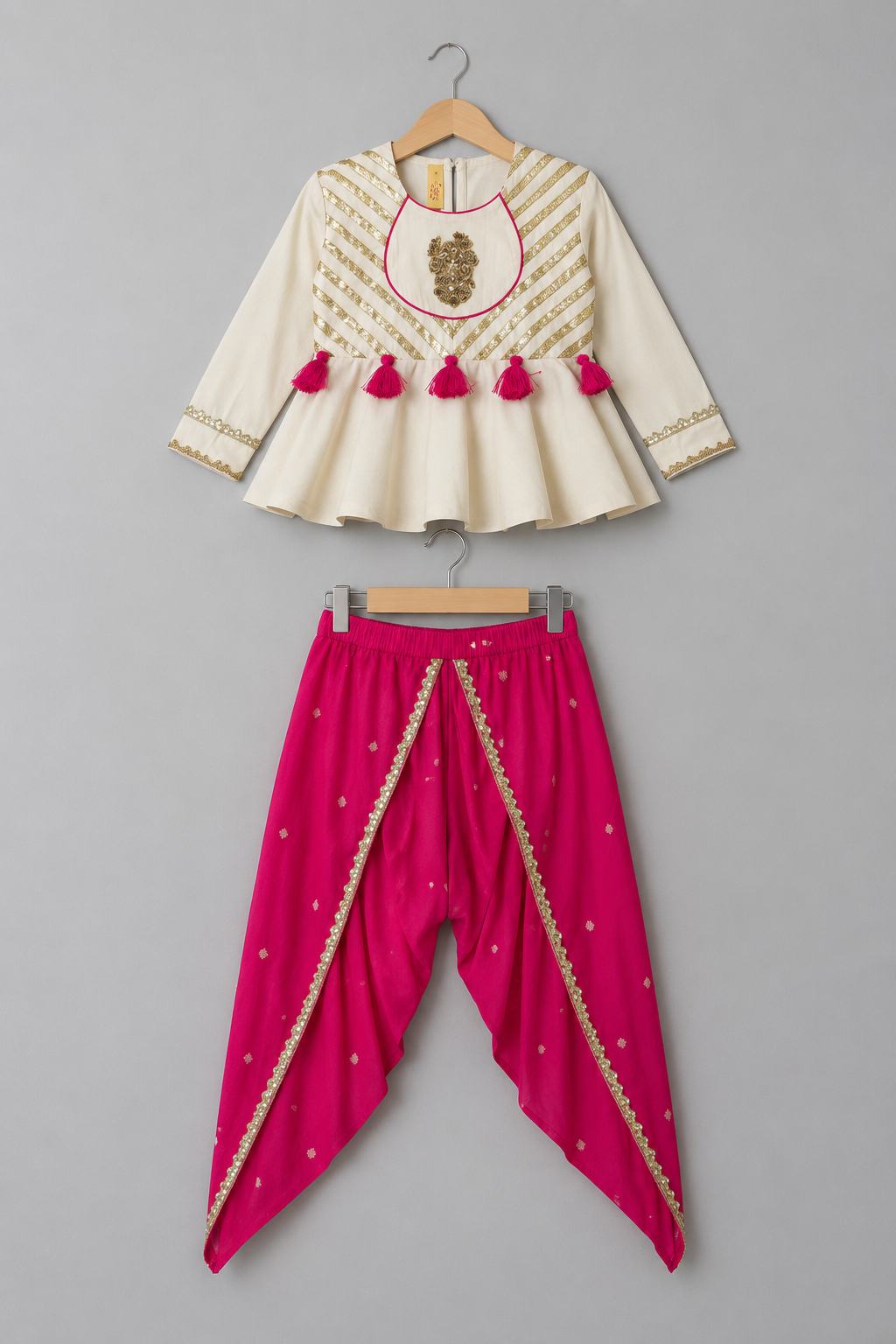 Off White Peplum With Pink Printed Dhoti