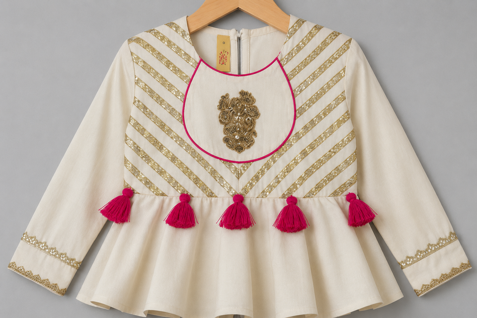 Off White Peplum With Pink Printed Dhoti
