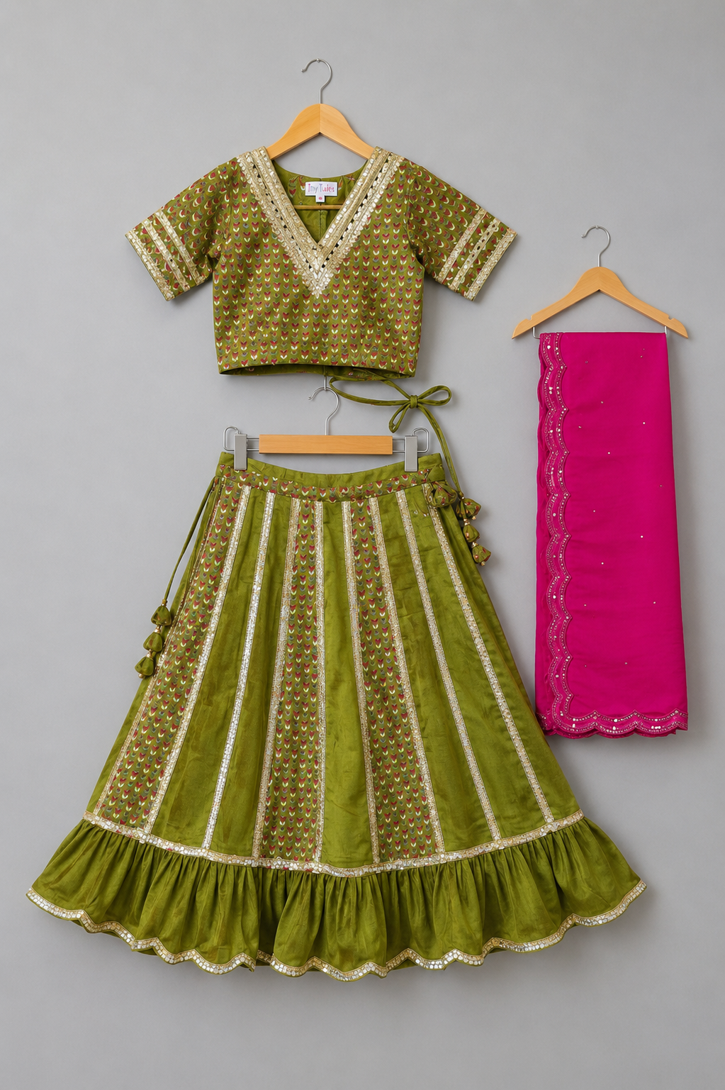 Green Chanderi Printed Blouse with Kali Lehenga