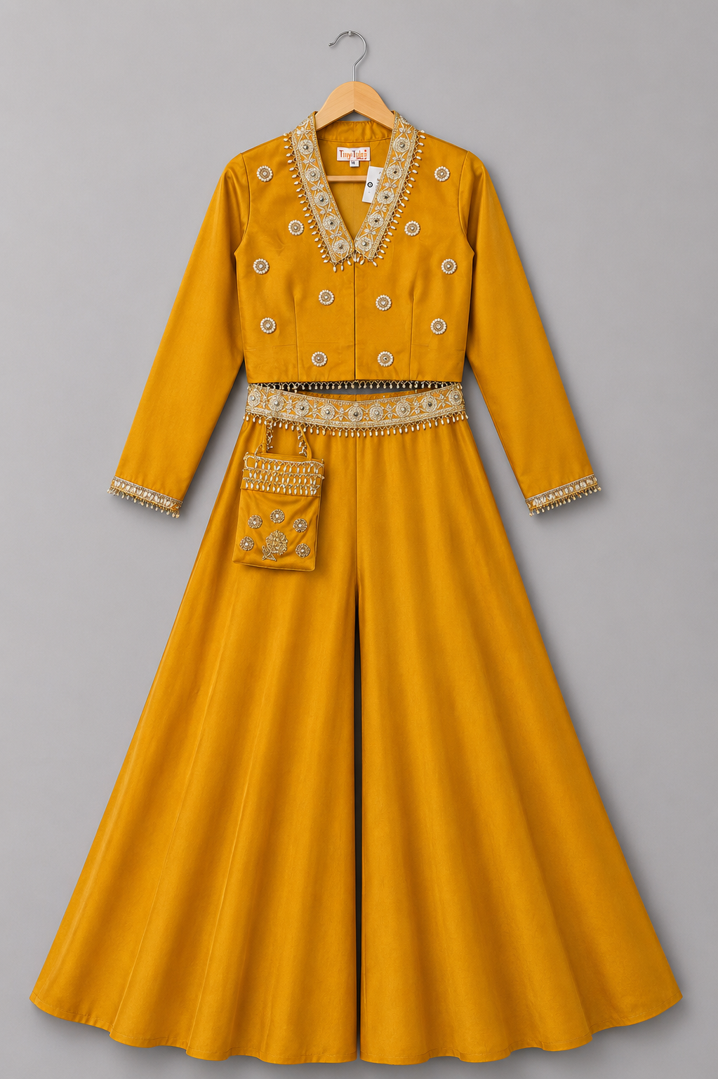 Mustard Co ords Set With Embroided Blazer