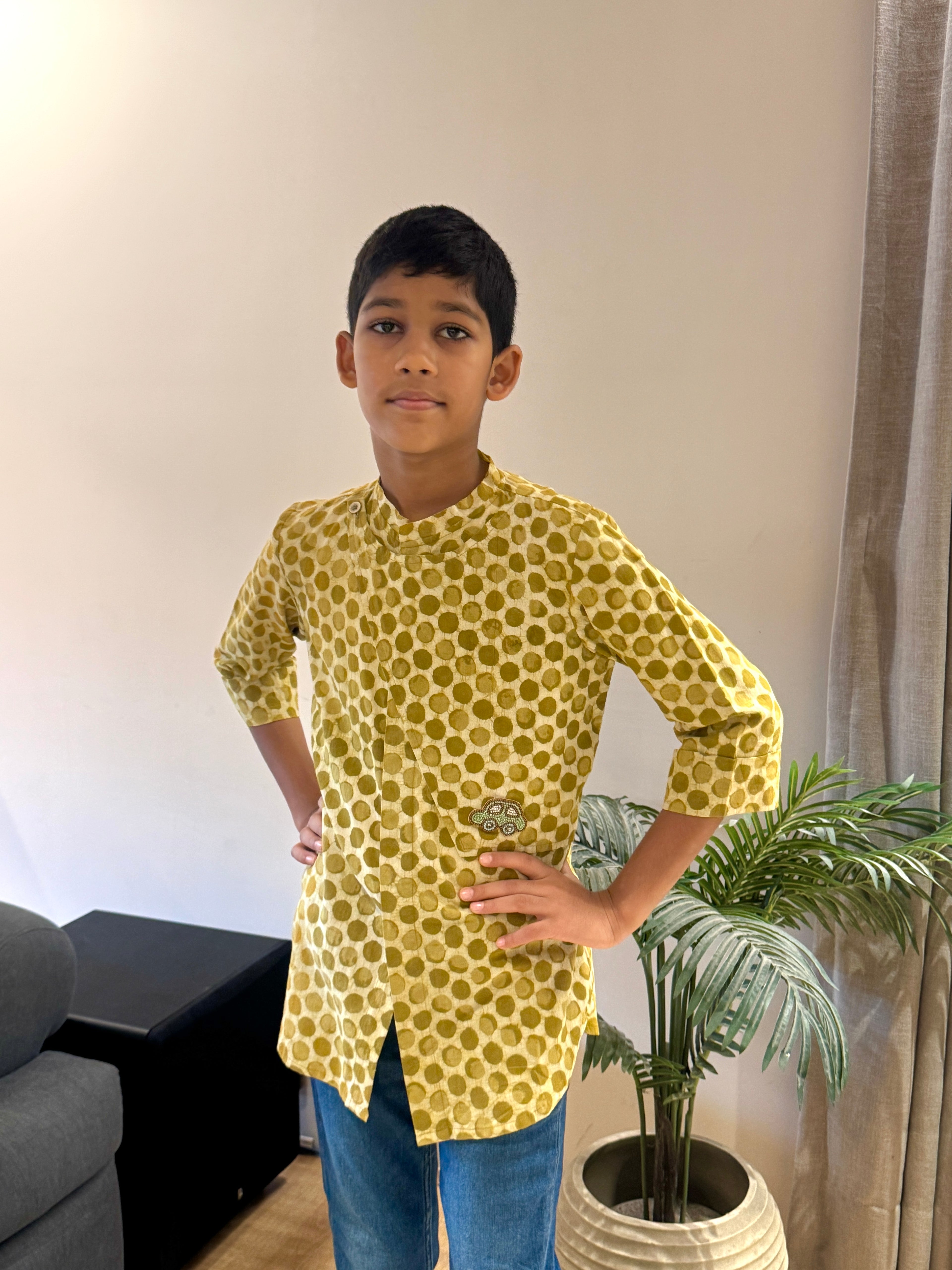 Green Dabu Flap Kurta With Motif