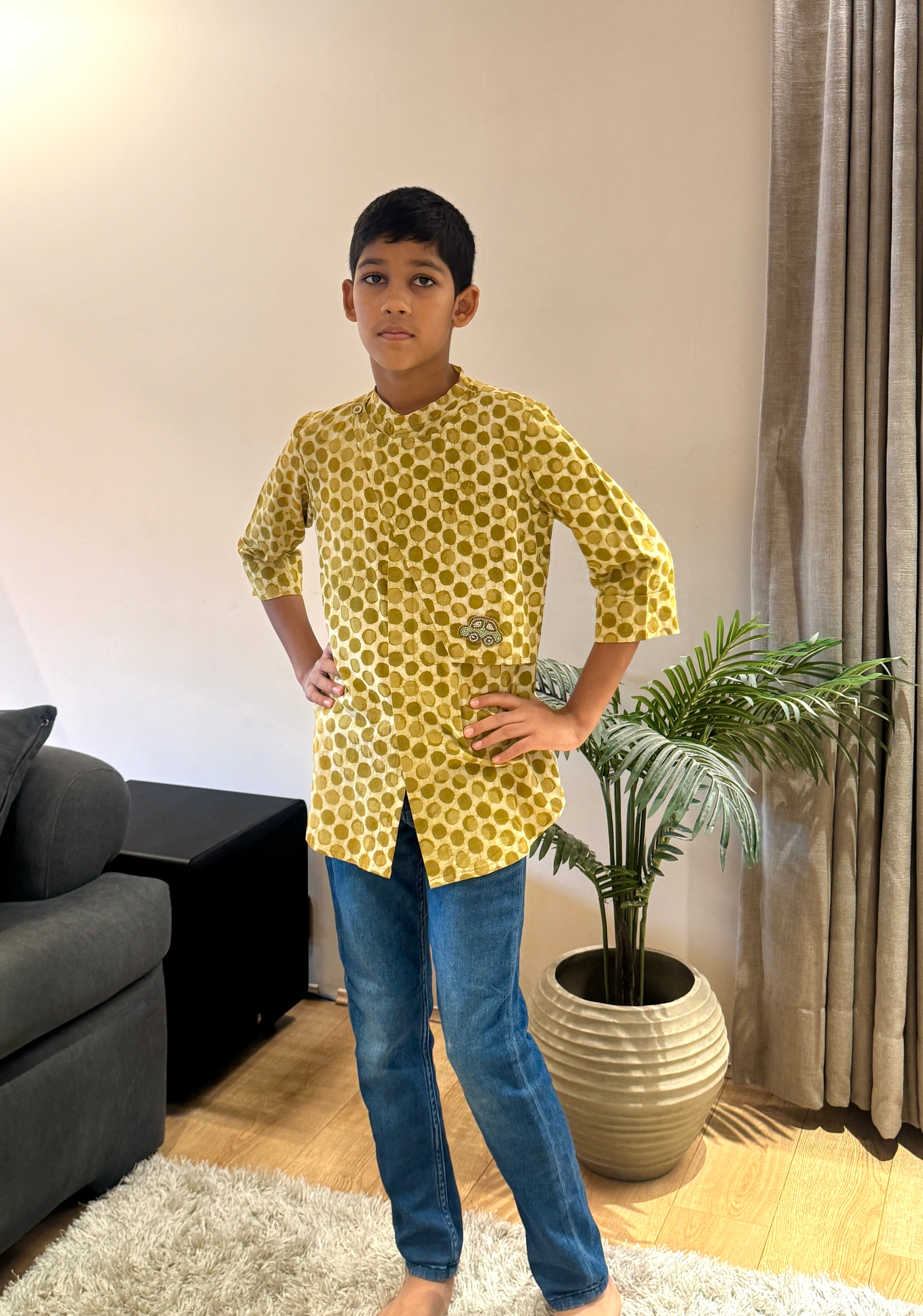 Green Dabu Flap Kurta With Motif