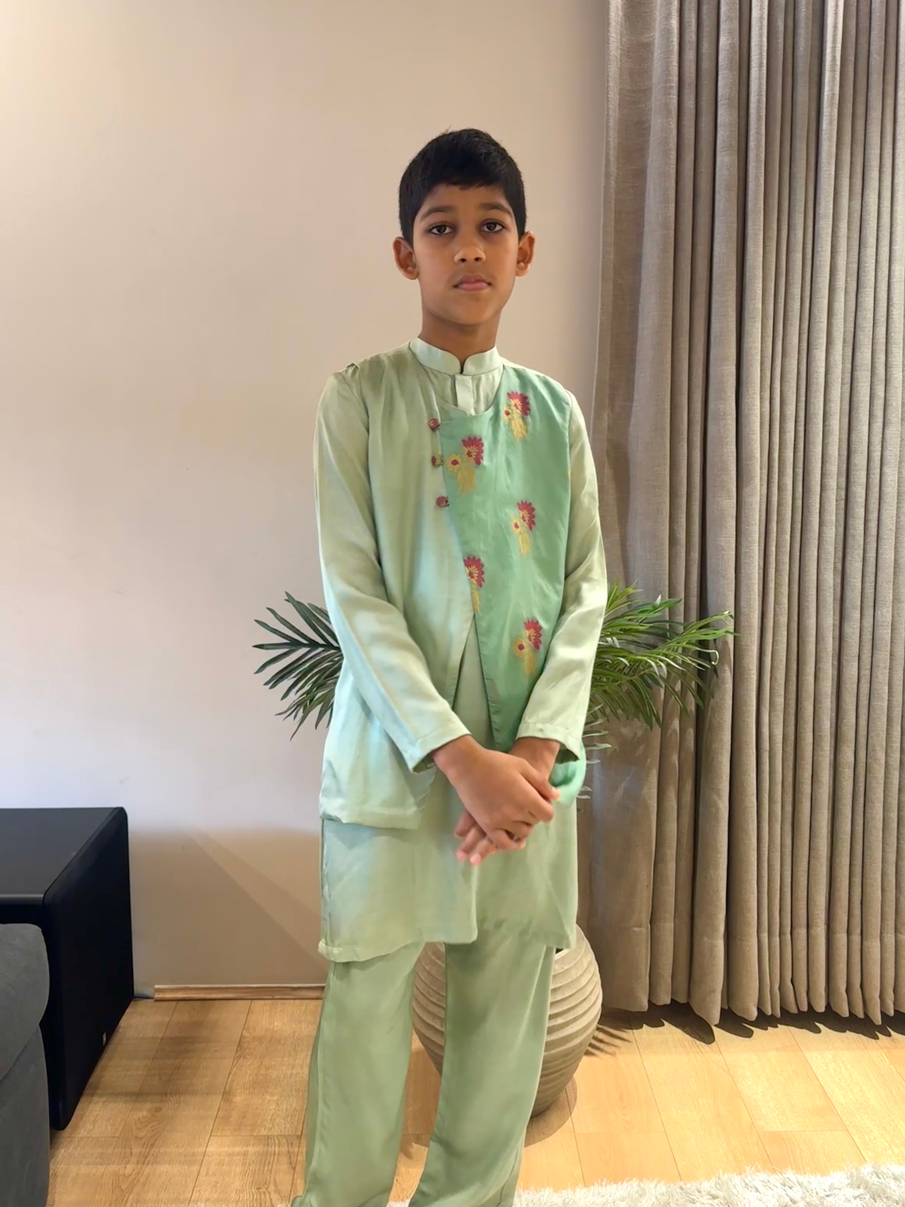 Pastel Green Kurta with Brocade Work Jacket Set
