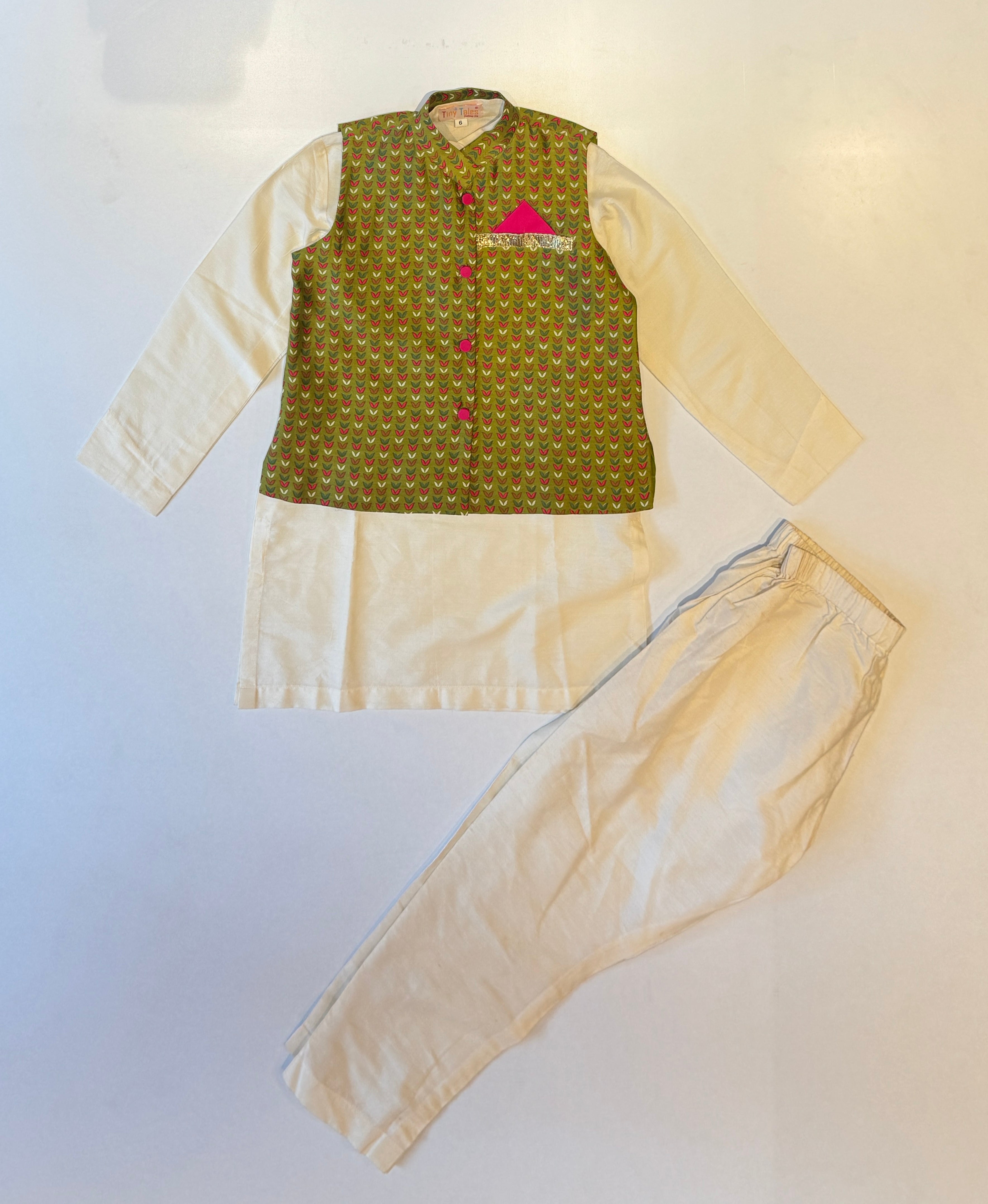 Green Printed Chanderi Jacket Kurta Set