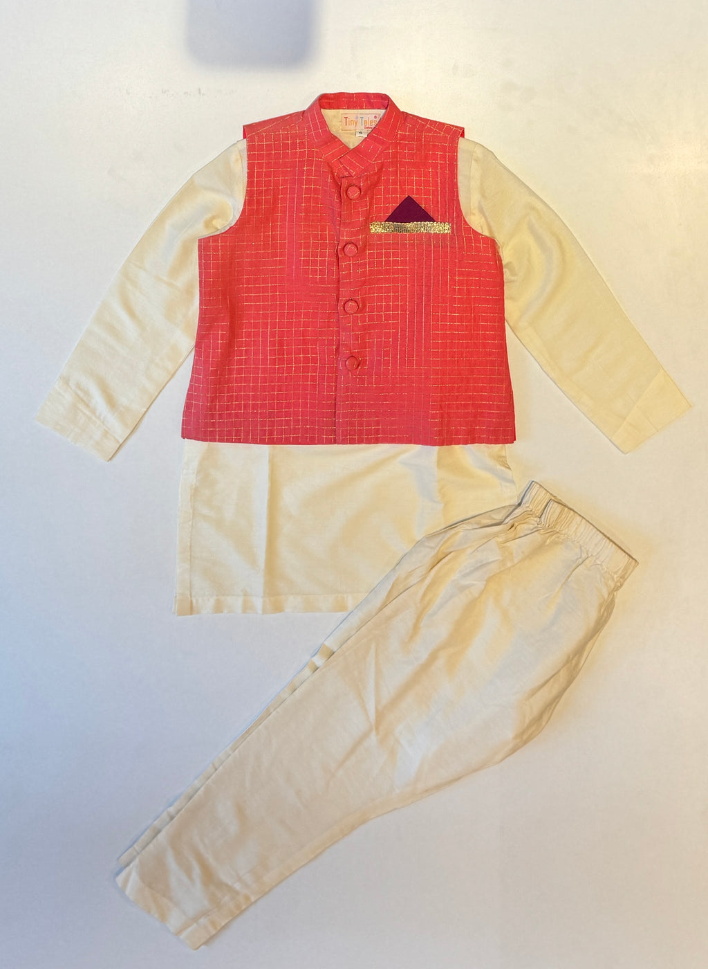 Pink Checkered Jacket With Chanderi Kurta Set