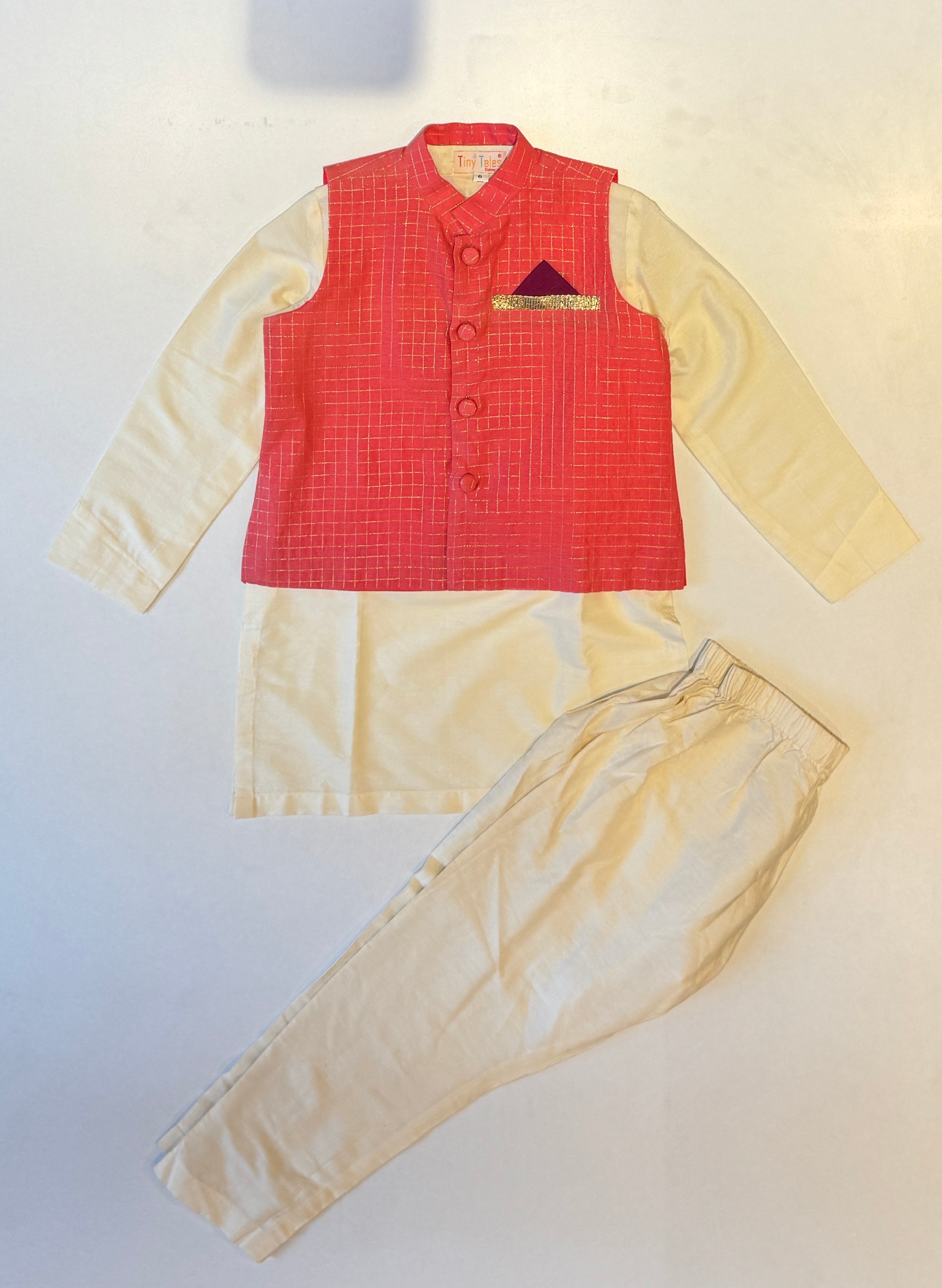Pink Checkered Jacket With Chanderi Kurta Set