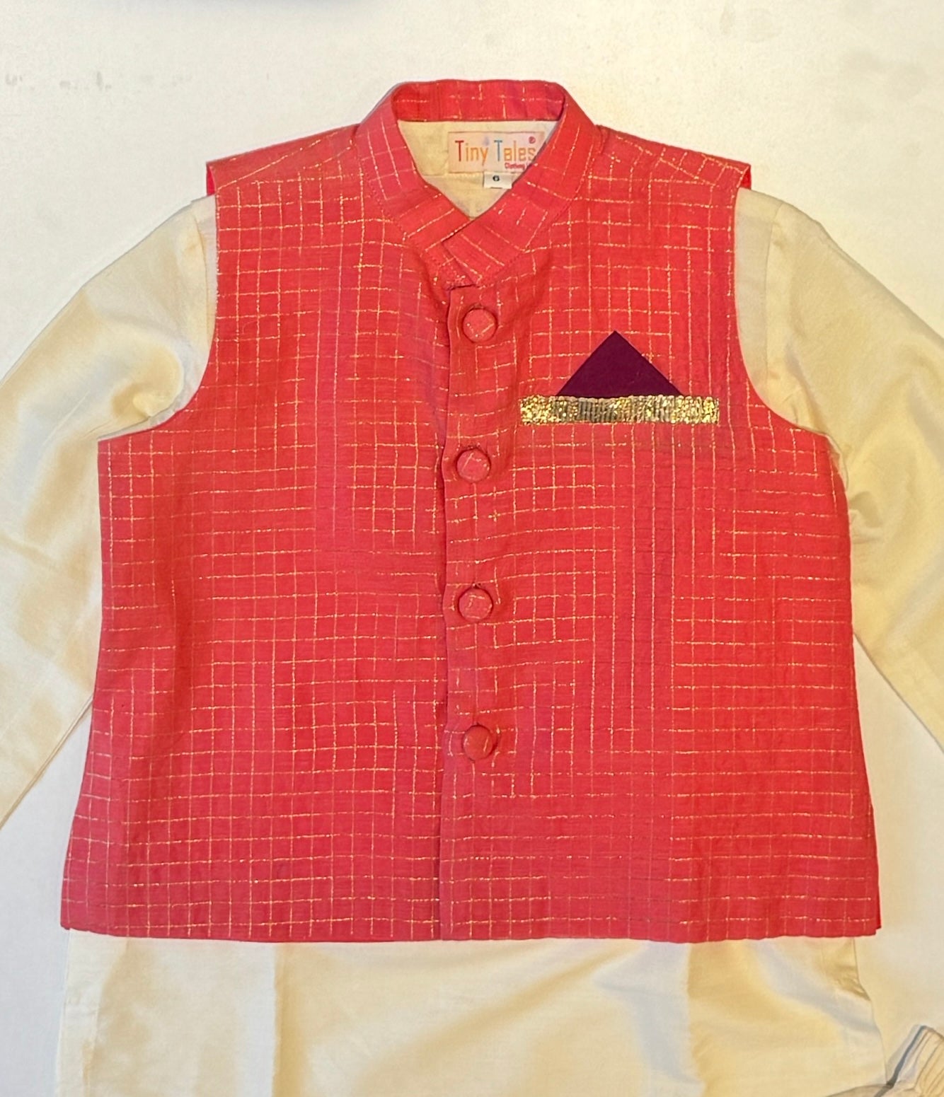 Pink Checkered Jacket With Chanderi Kurta Set
