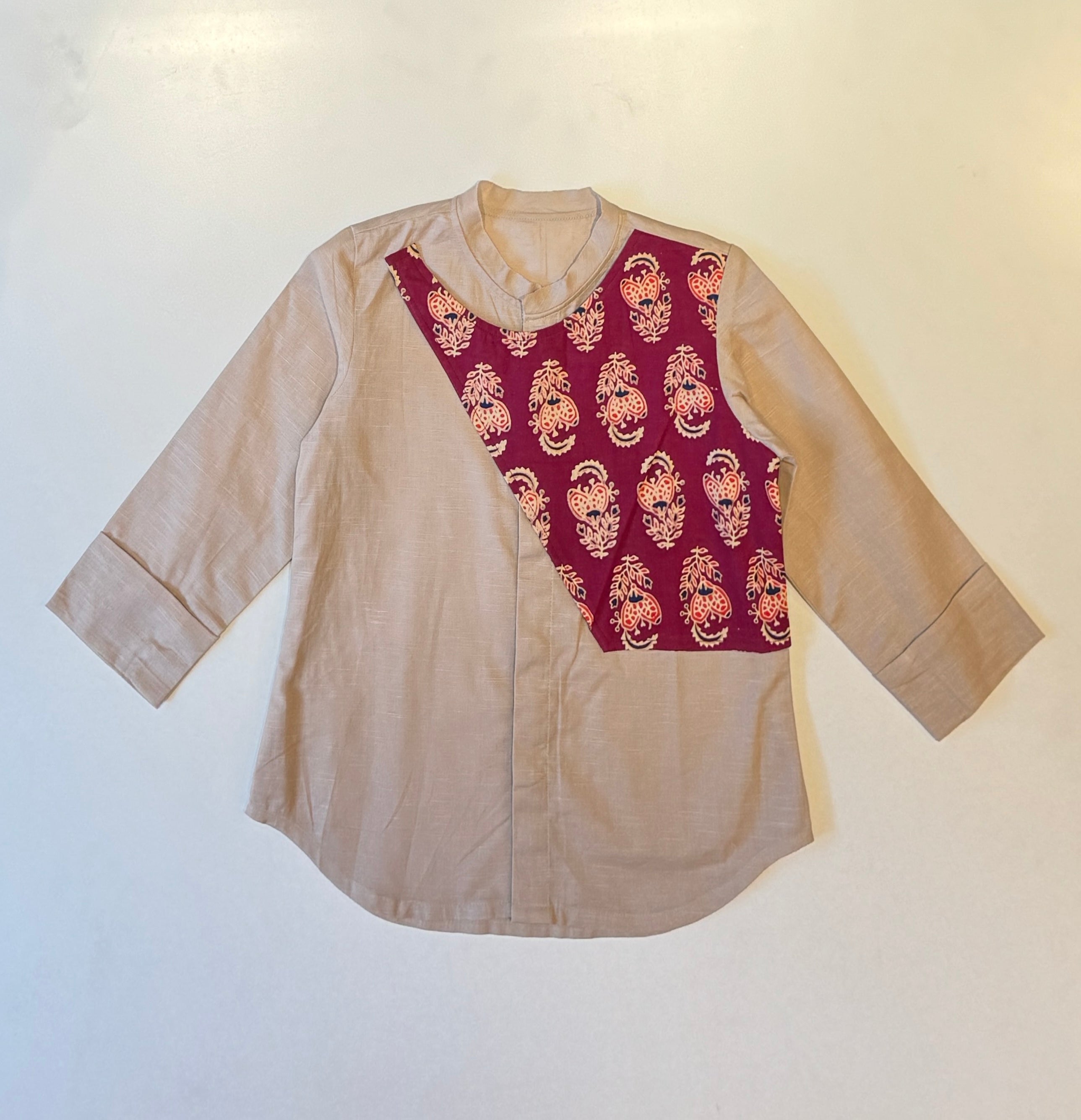 Off White Shirt with Maroon Printed Flap