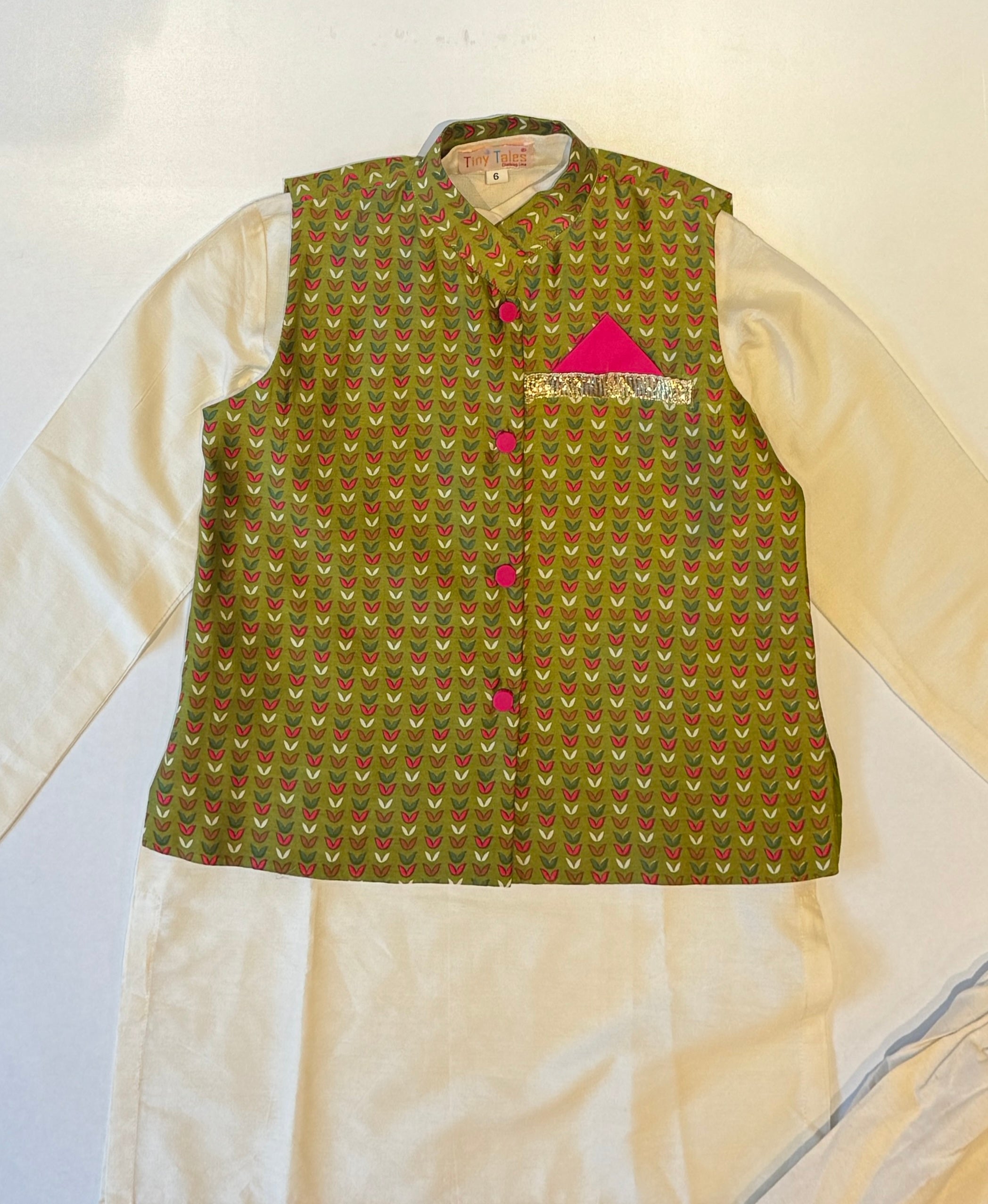 Green Printed Chanderi Jacket Kurta Set