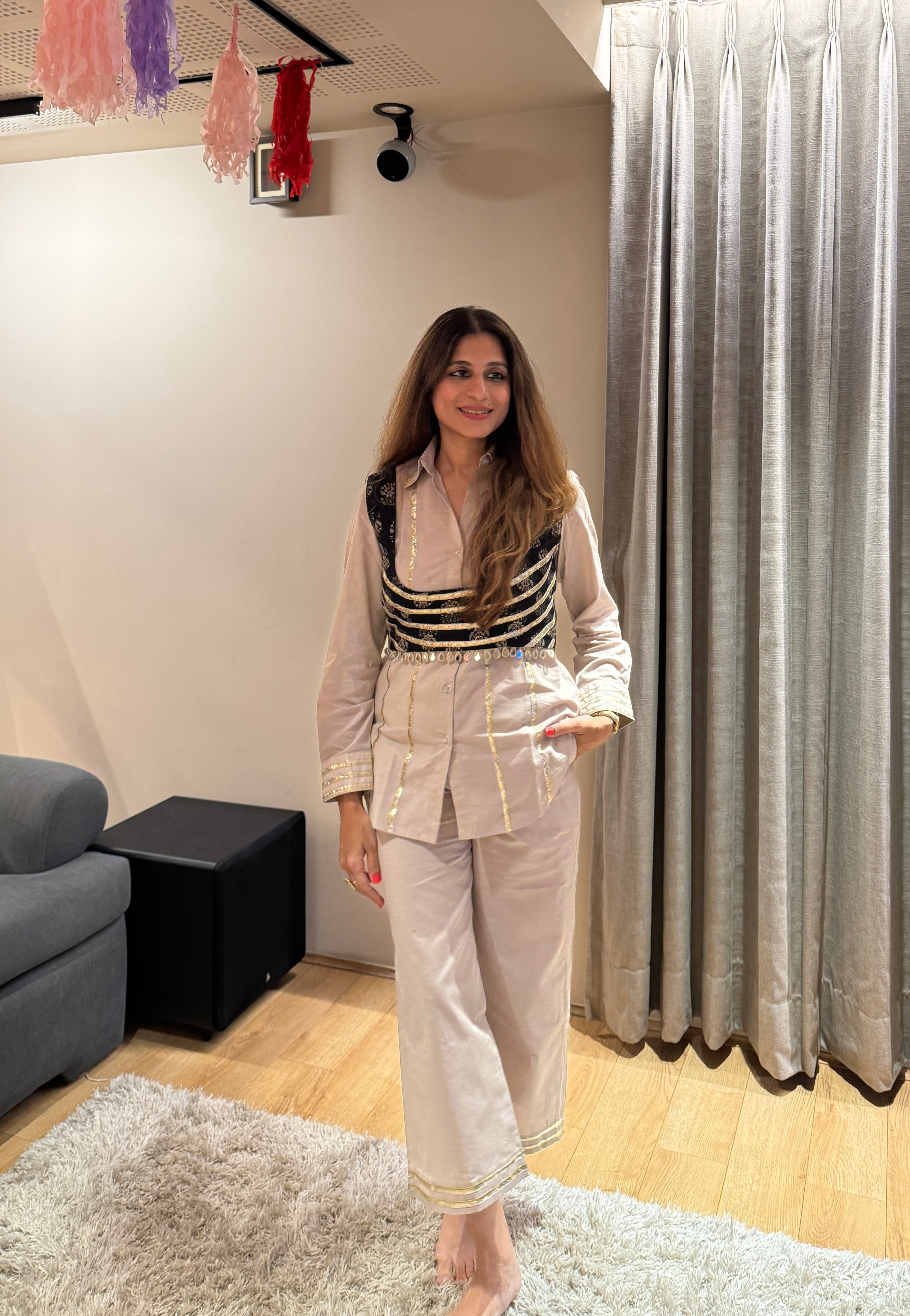 Off White Set with Black Printed Blouse