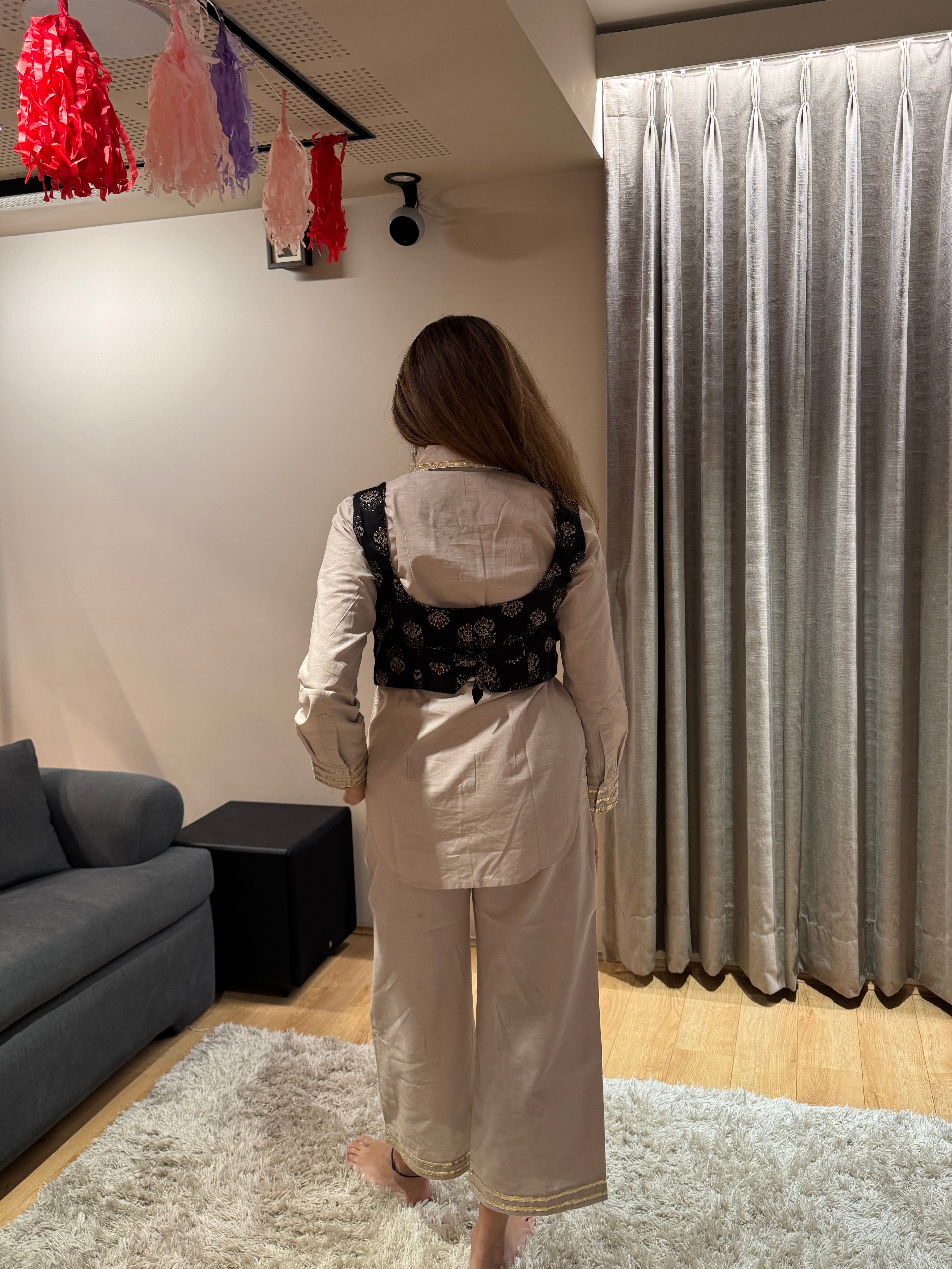Off White Set with Black Printed Blouse
