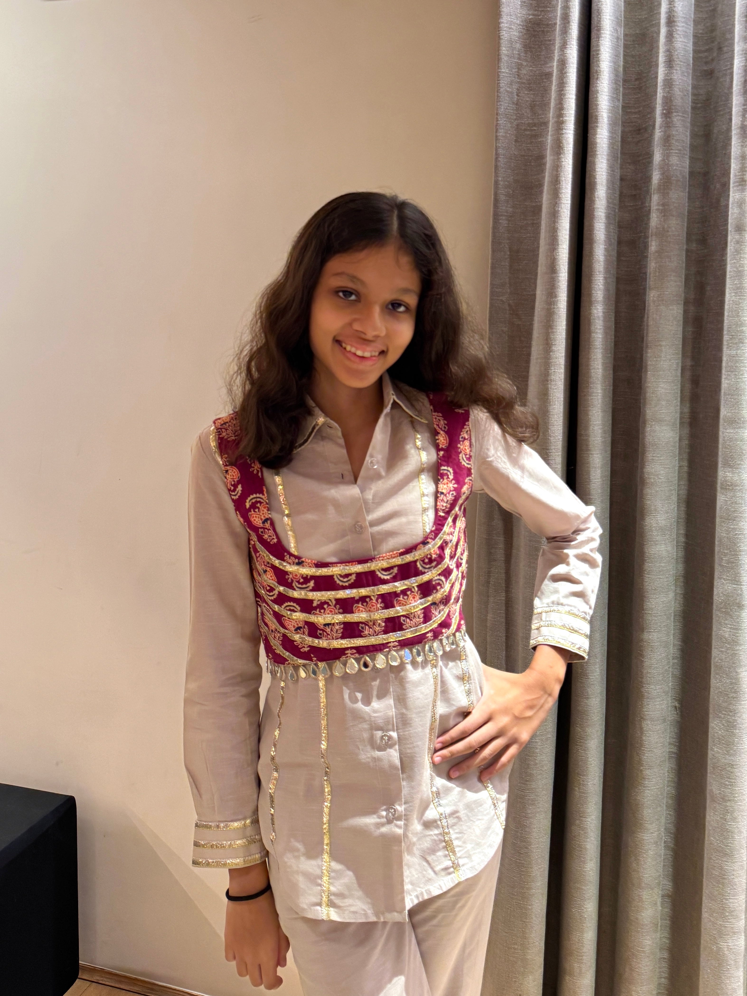 Off White Set with Maroon Printed Blouse