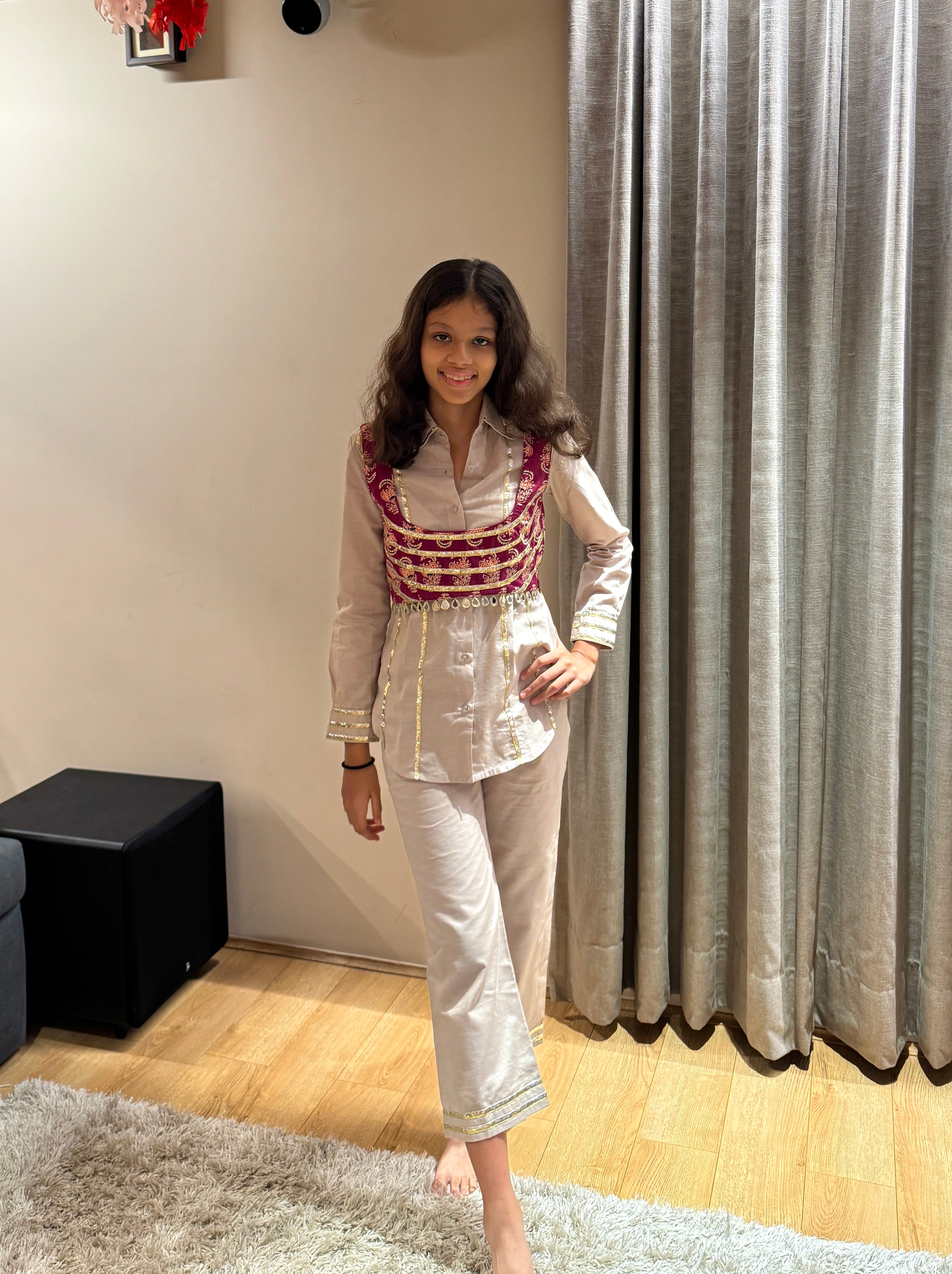 Off White Set with Maroon Printed Blouse