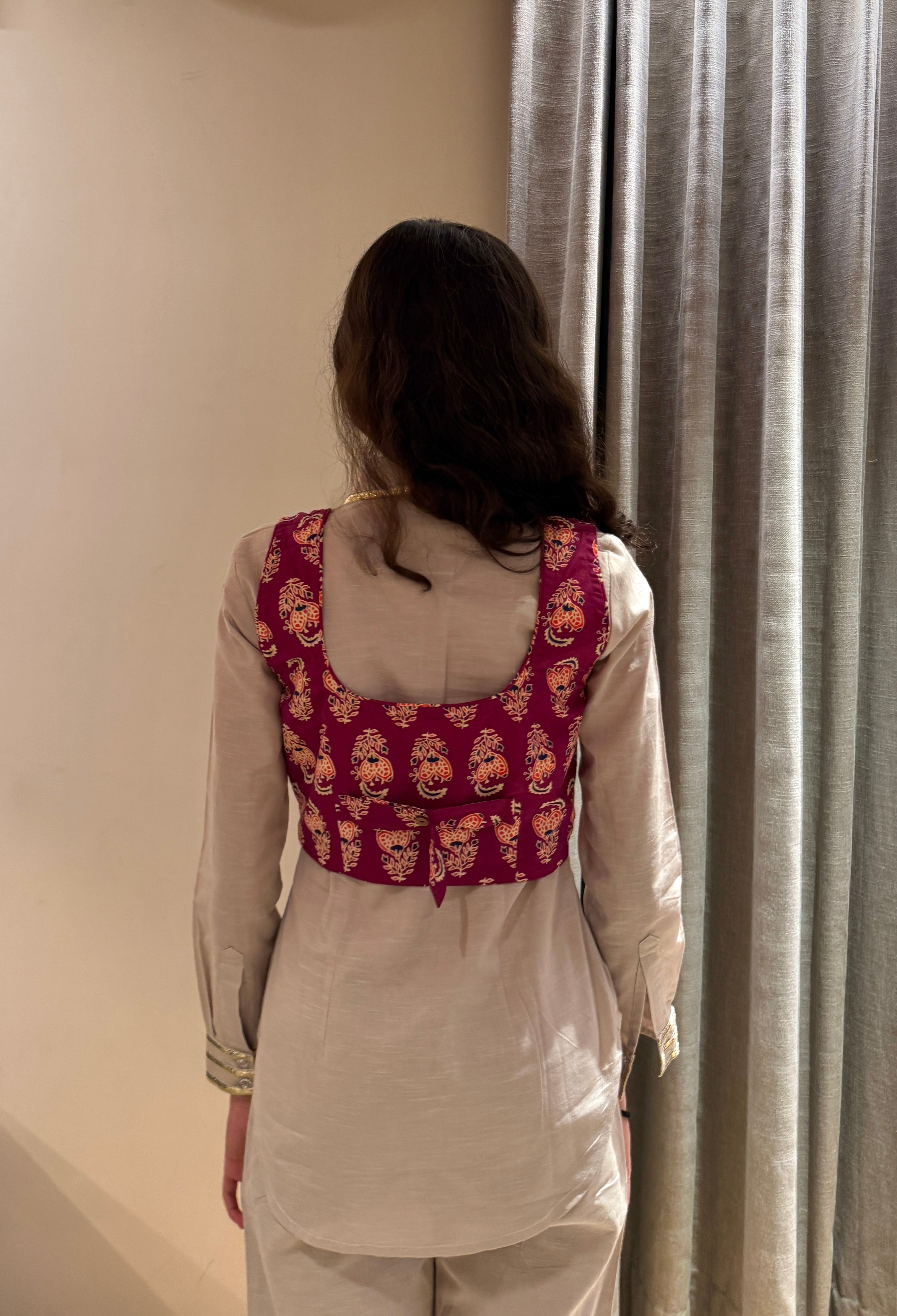 Off White Set with Maroon Printed Blouse