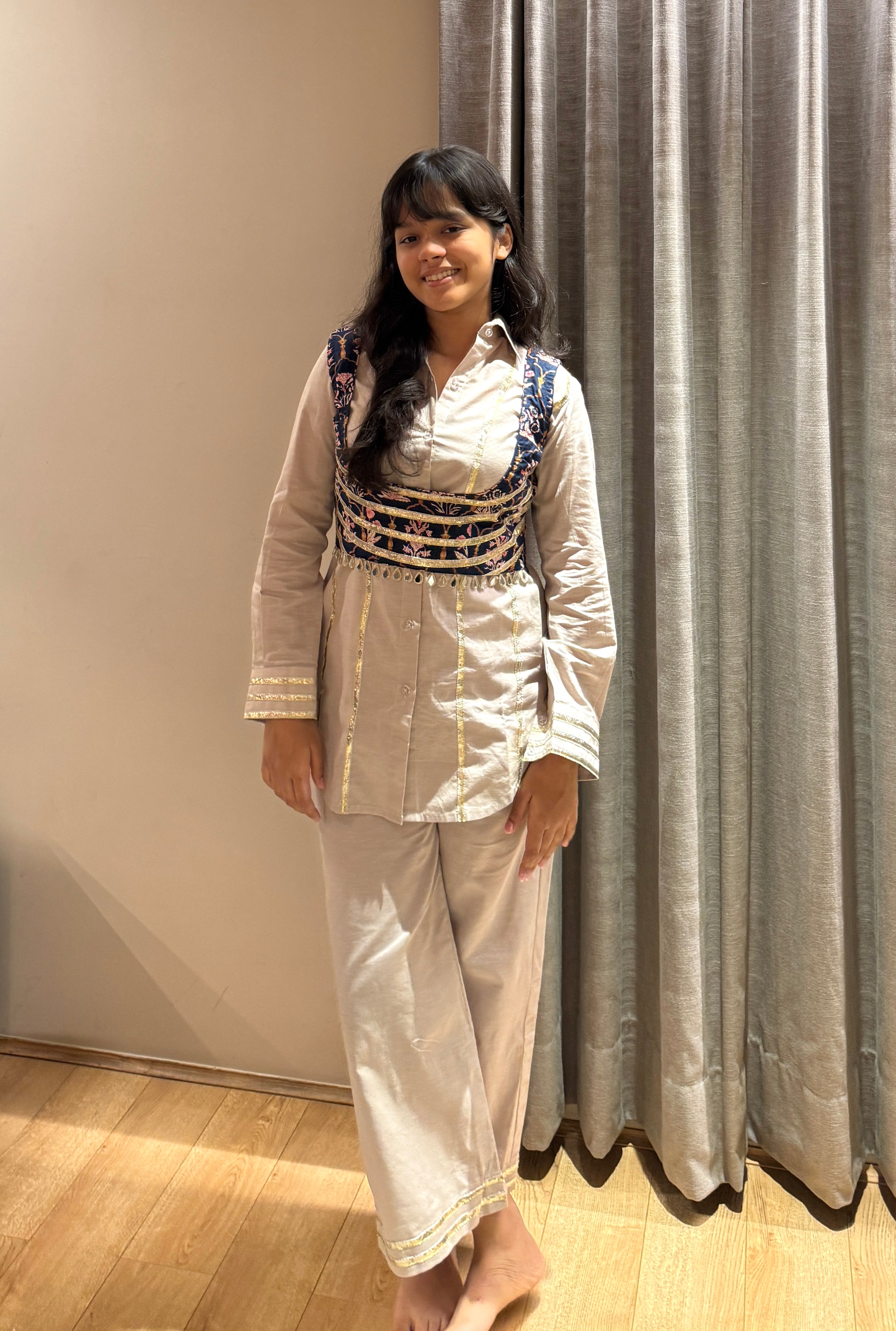 Off White Set with Blue Printed Blouse