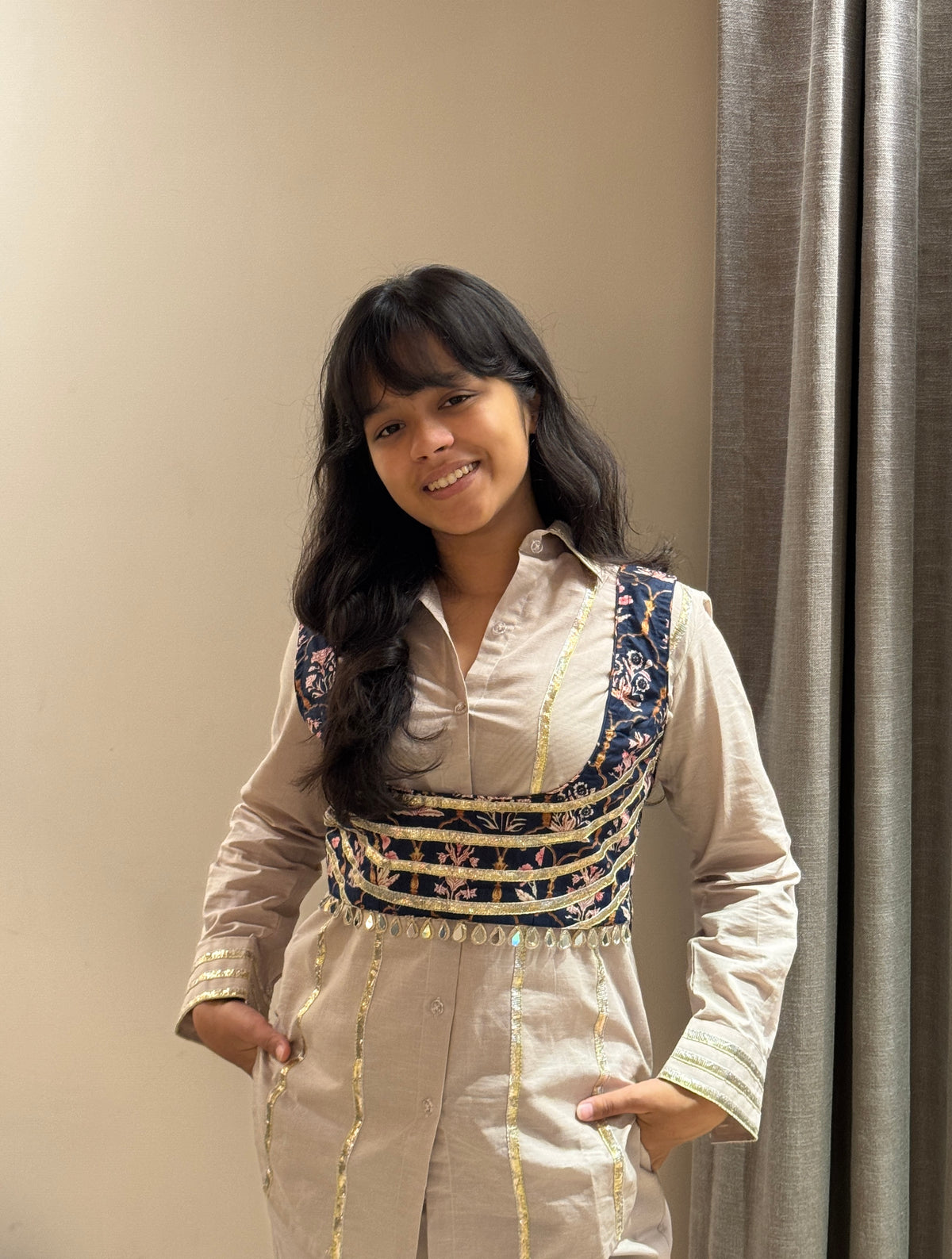 Off White Set with Blue Printed Blouse