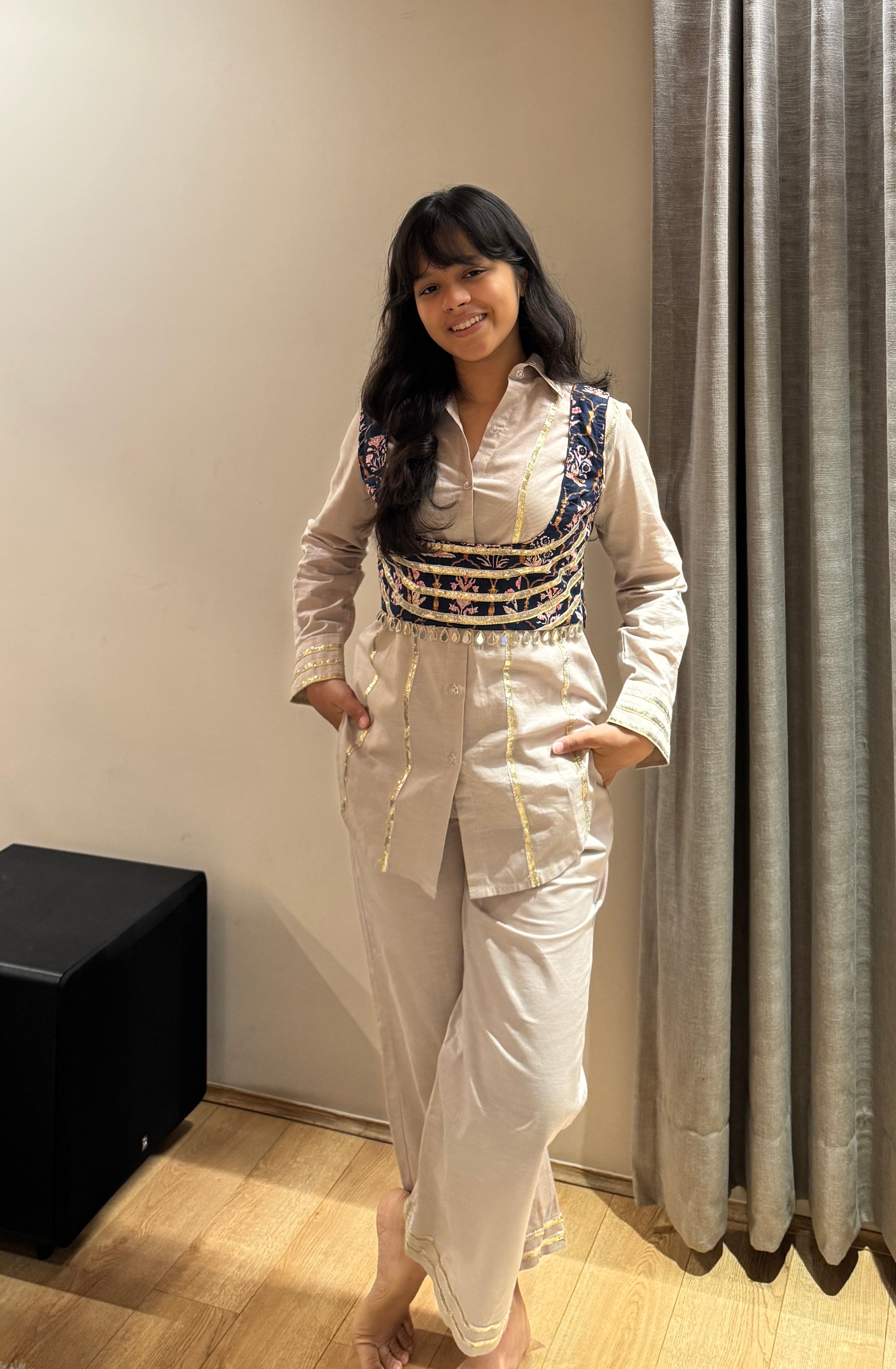 Off White Set with Blue Printed Blouse