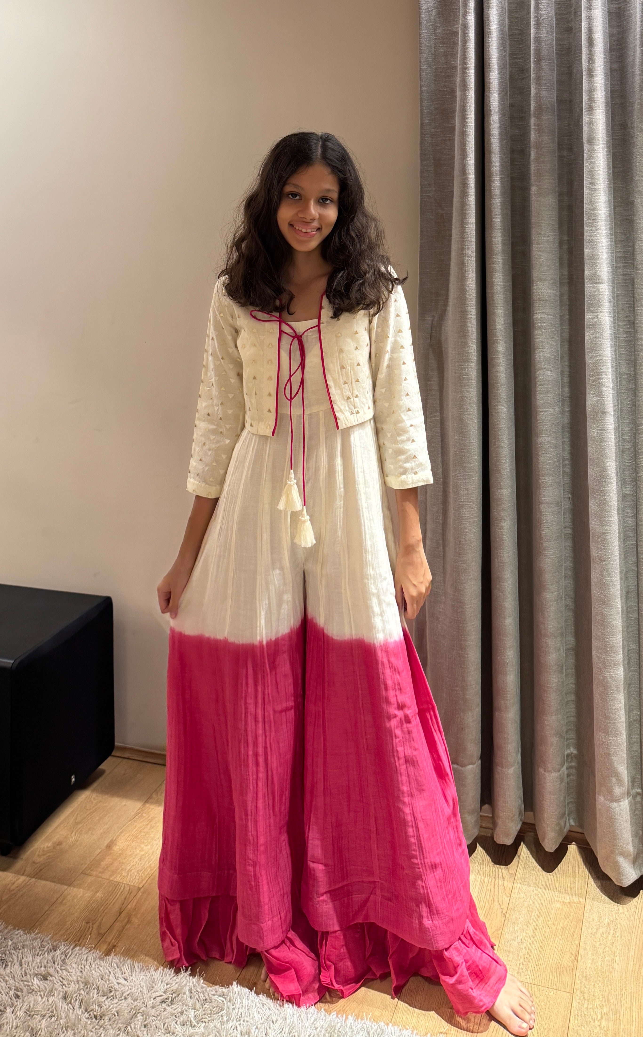 Off-White & Pink Shaded Jumpsuit with Brocade Jacket