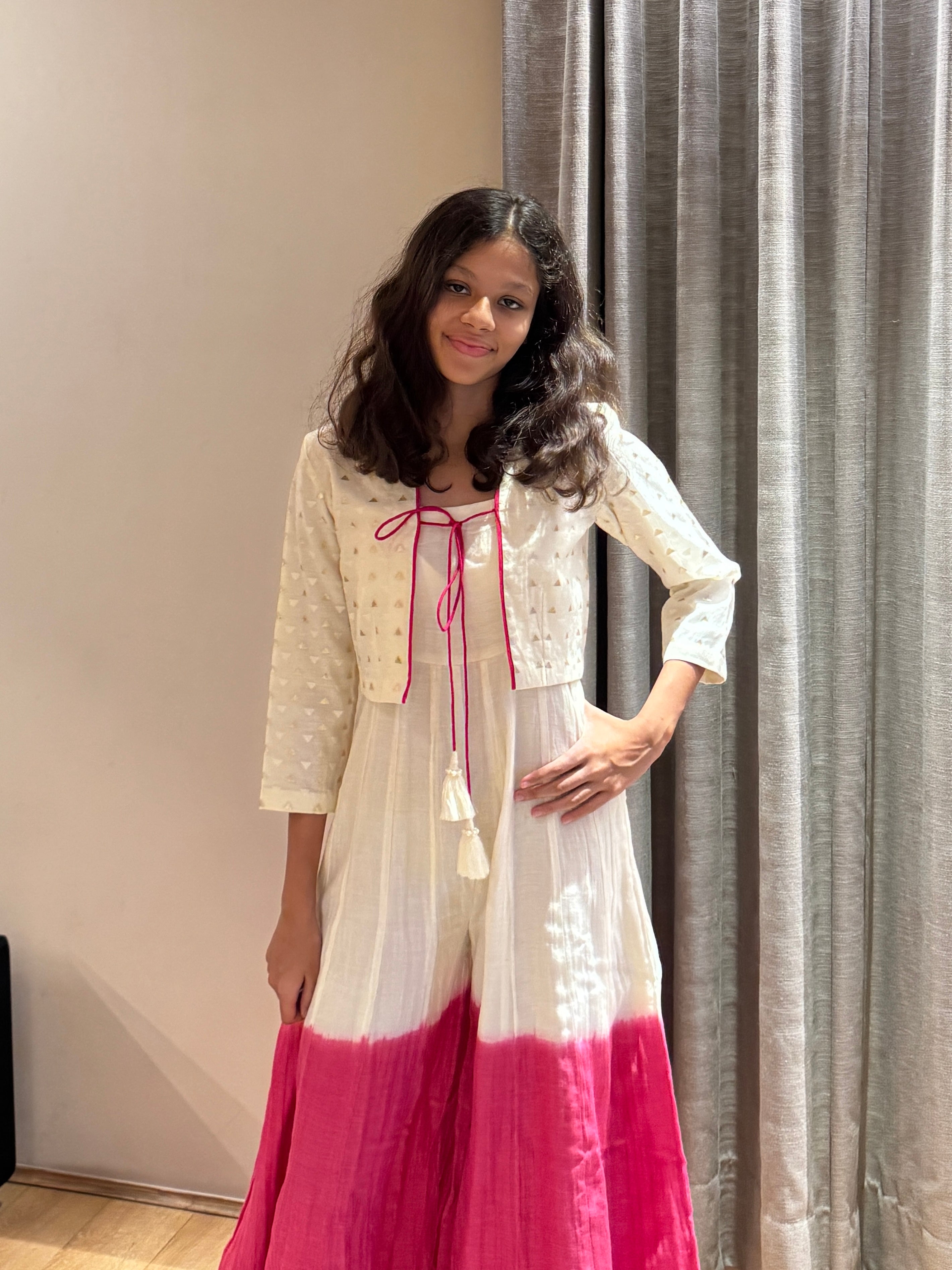 Off-White & Pink Shaded Jumpsuit with Brocade Jacket