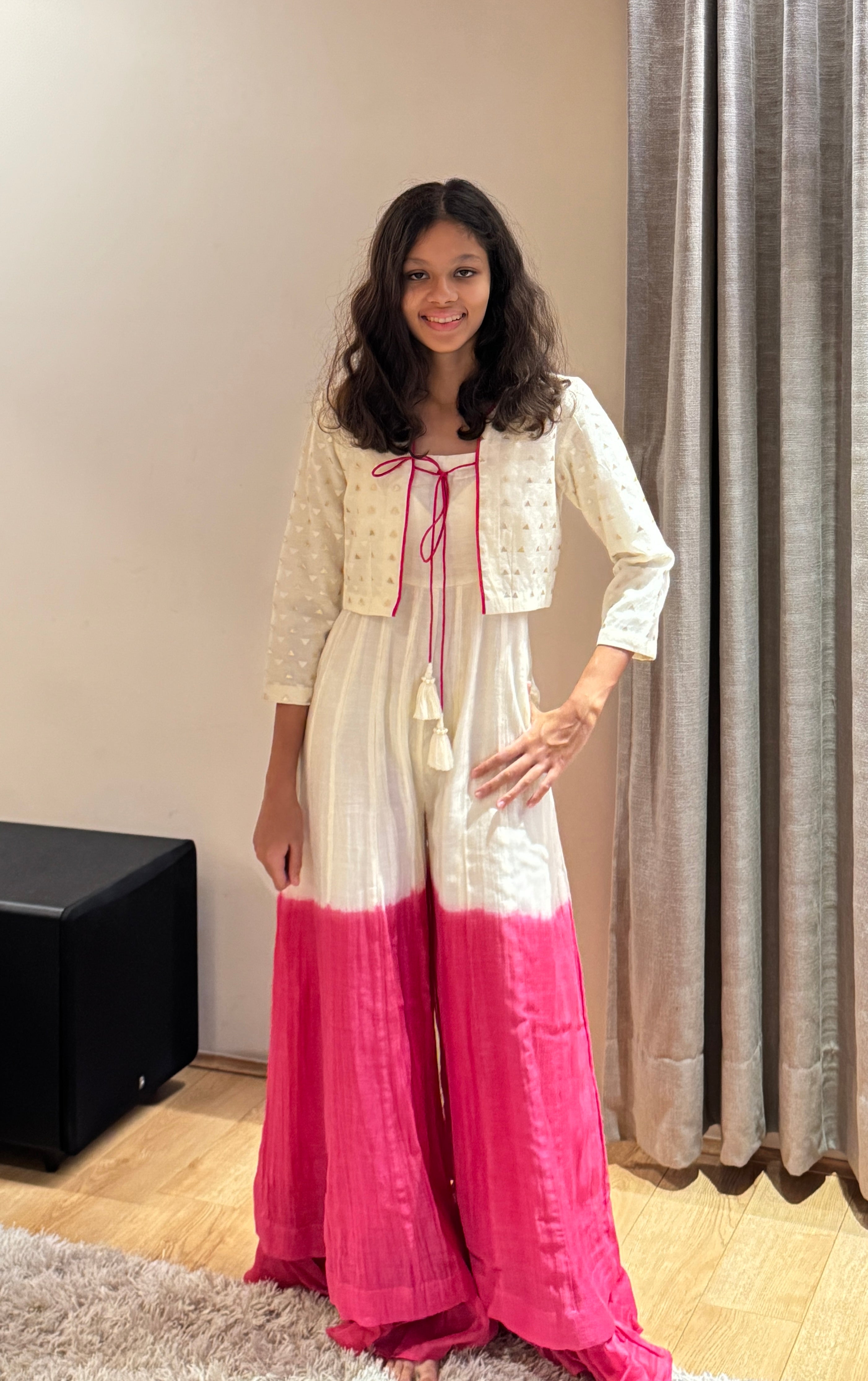 Off-White & Pink Shaded Jumpsuit with Brocade Jacket