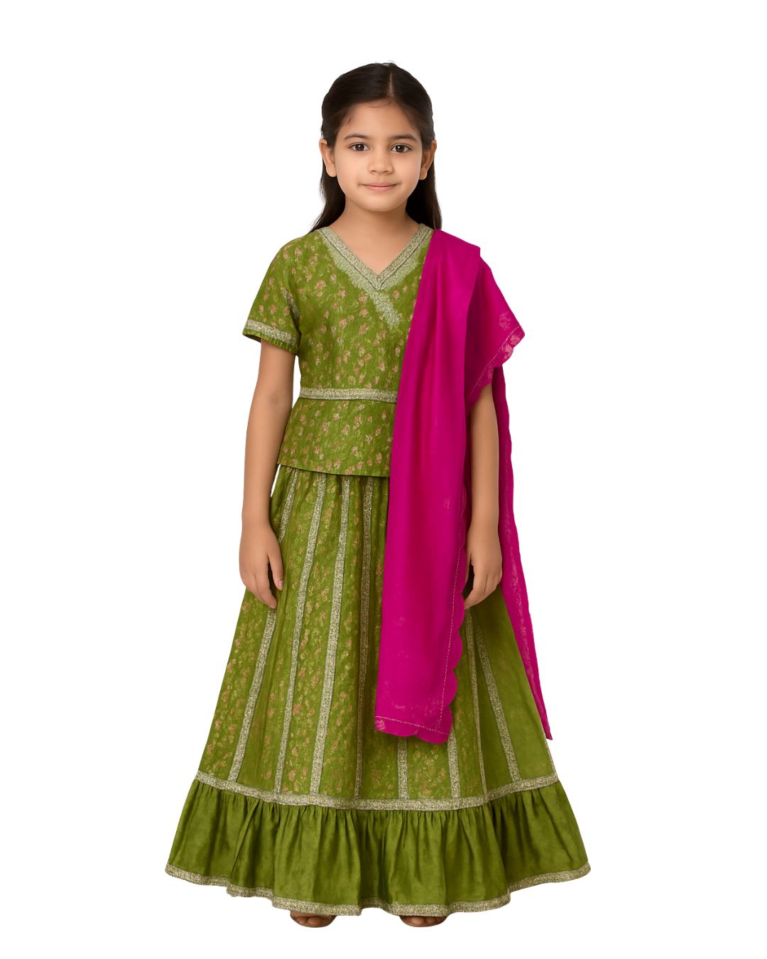 Green Chanderi Printed Blouse with Kali Lehenga