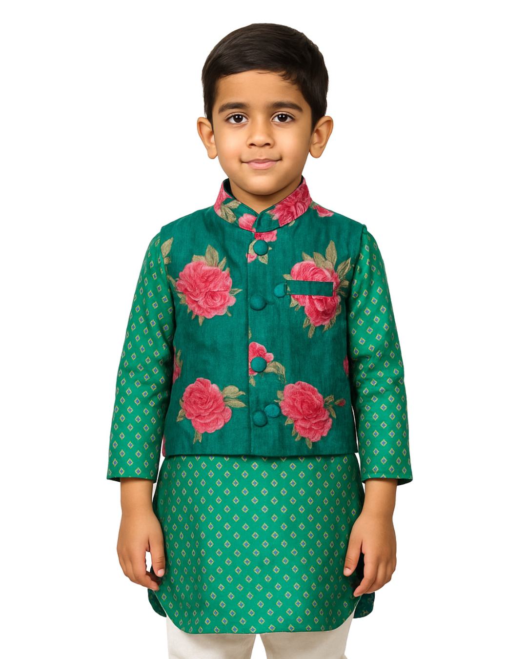 Blue Printed Kurta With Jacket Set